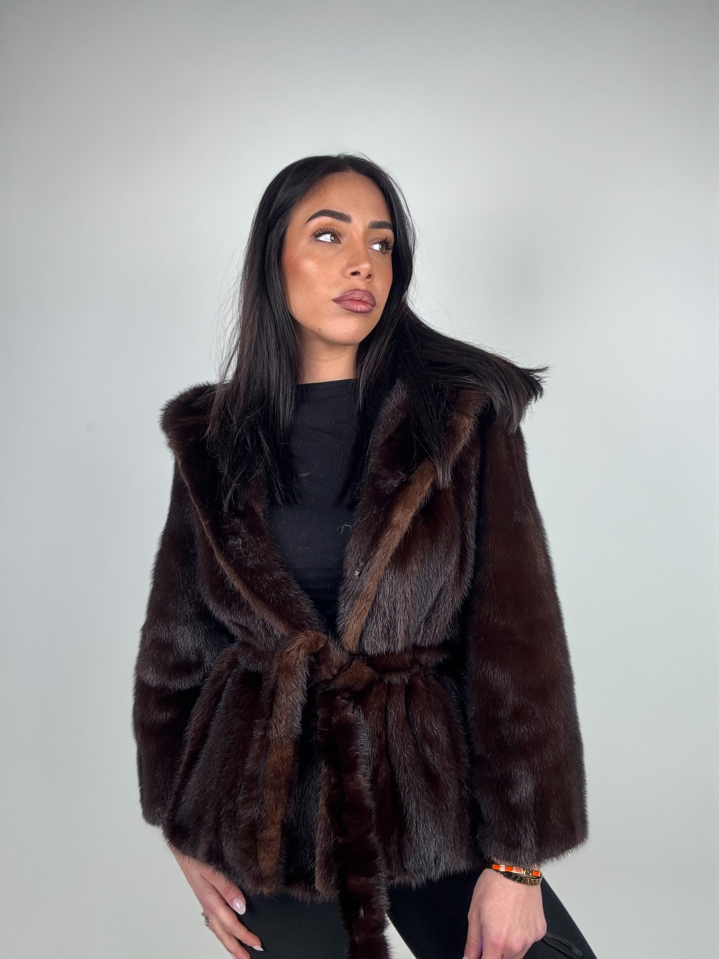 Mink jacket with belt and hood