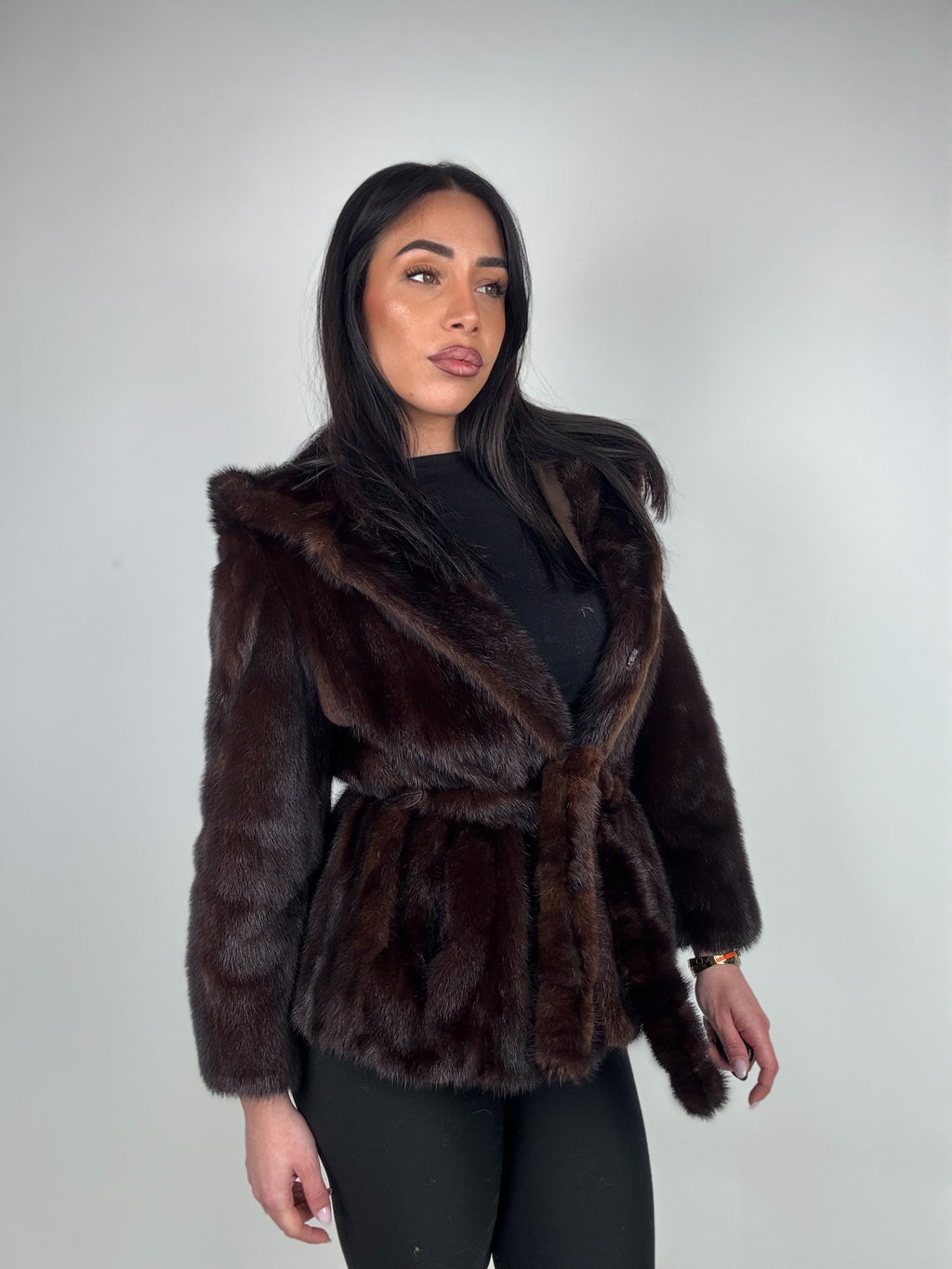 Mink jacket with belt and hood