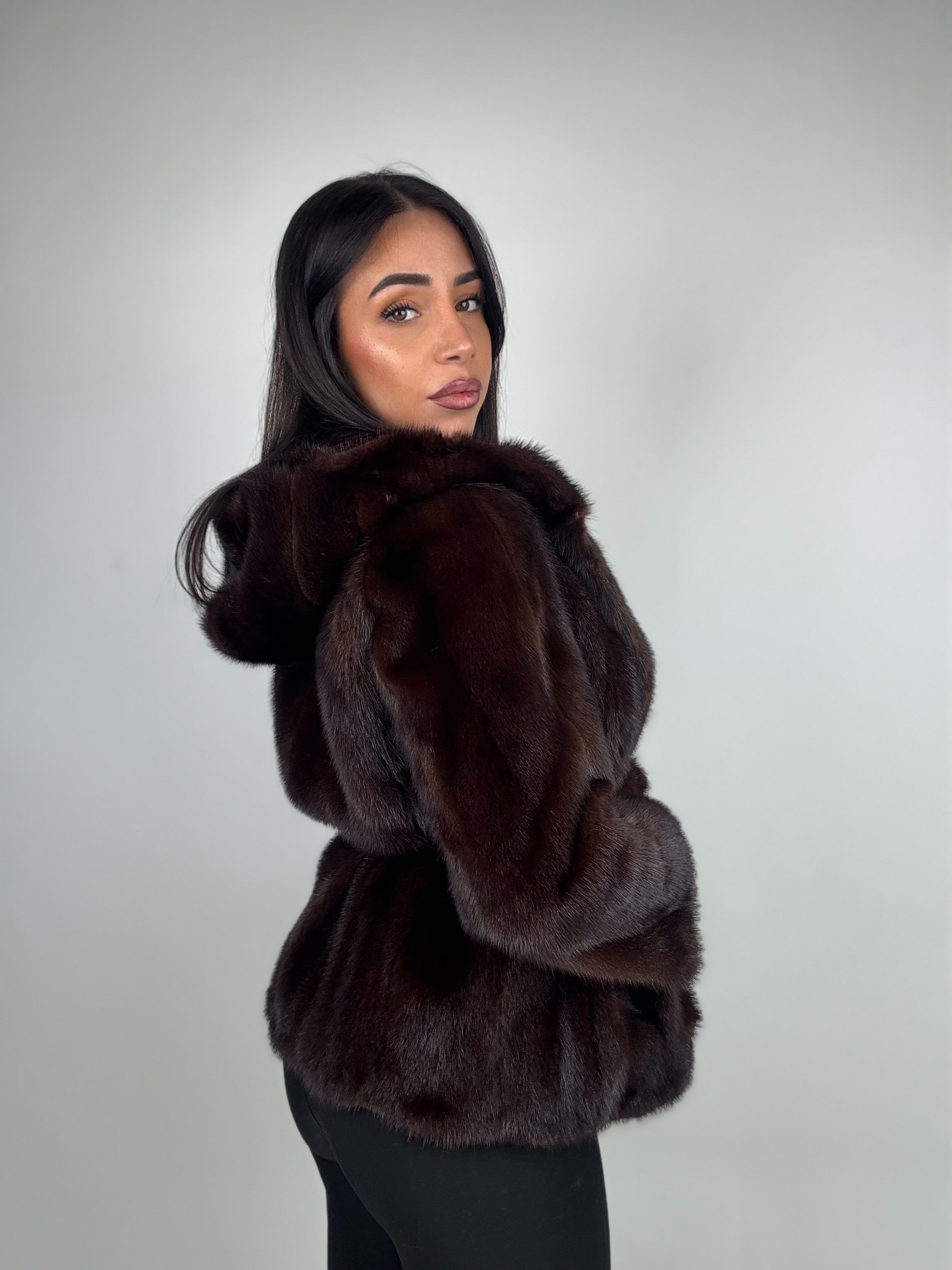 Mink jacket with belt and hood