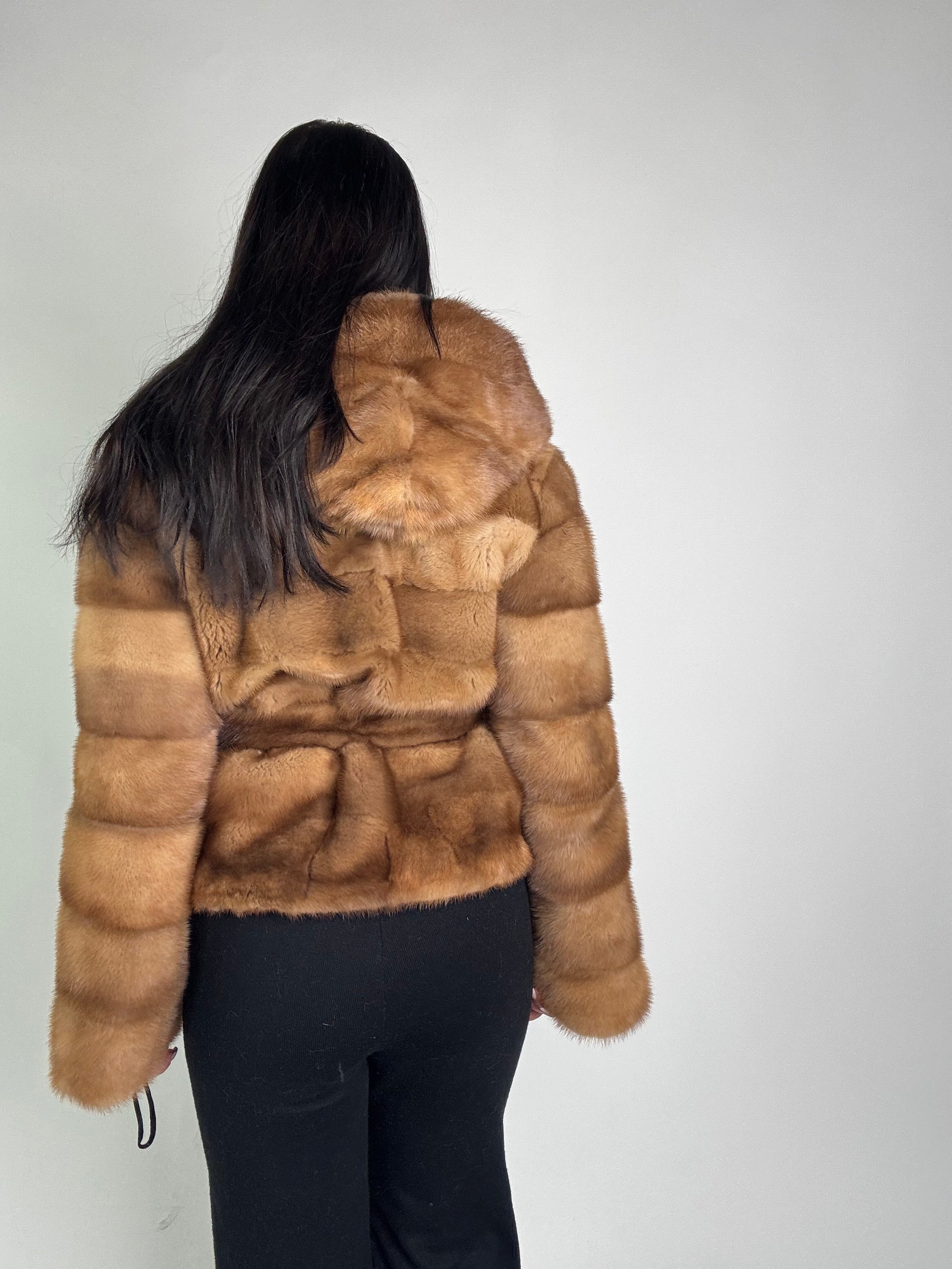 Mink jacket with belt and hood