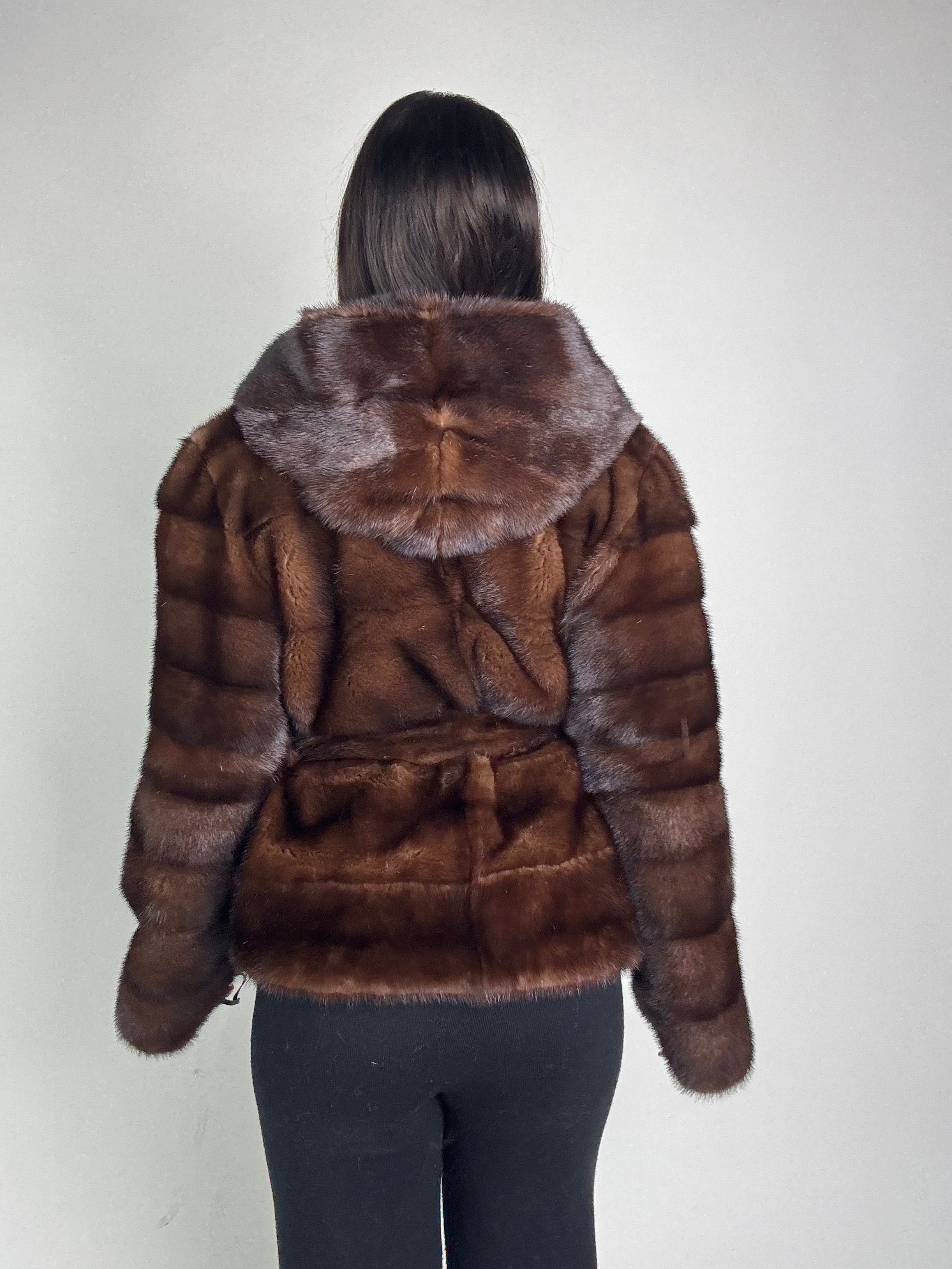 Mink jacket with belt and hood