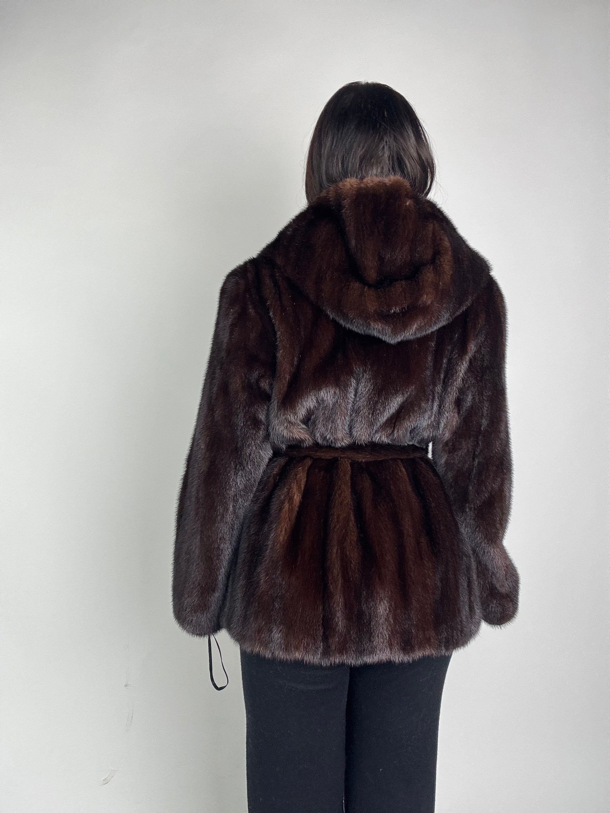 Mink jacket with belt and hood