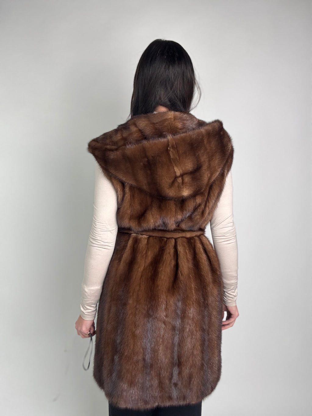 Mink jacket with belt and hood