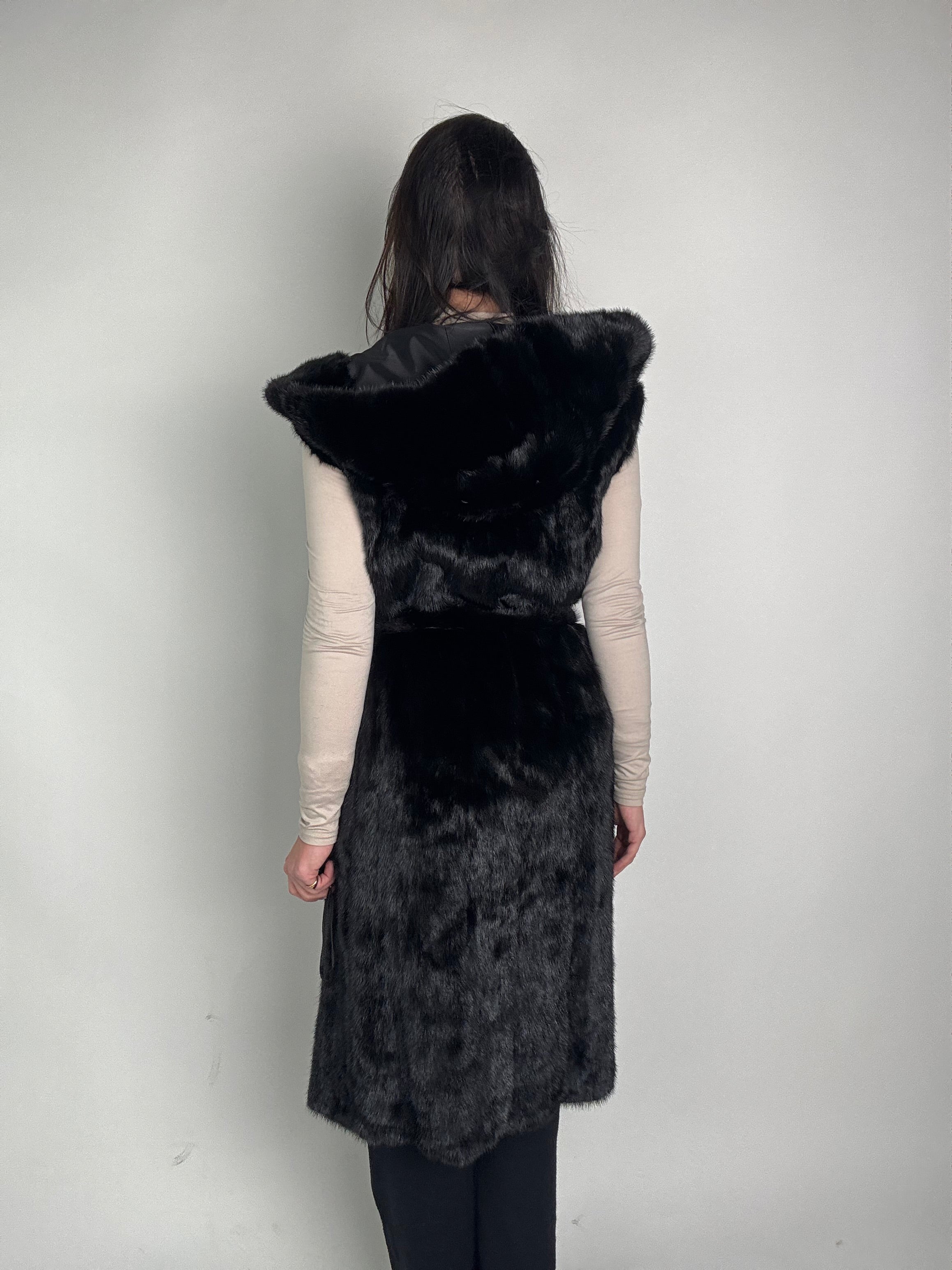 Mink jacket with belt and hood