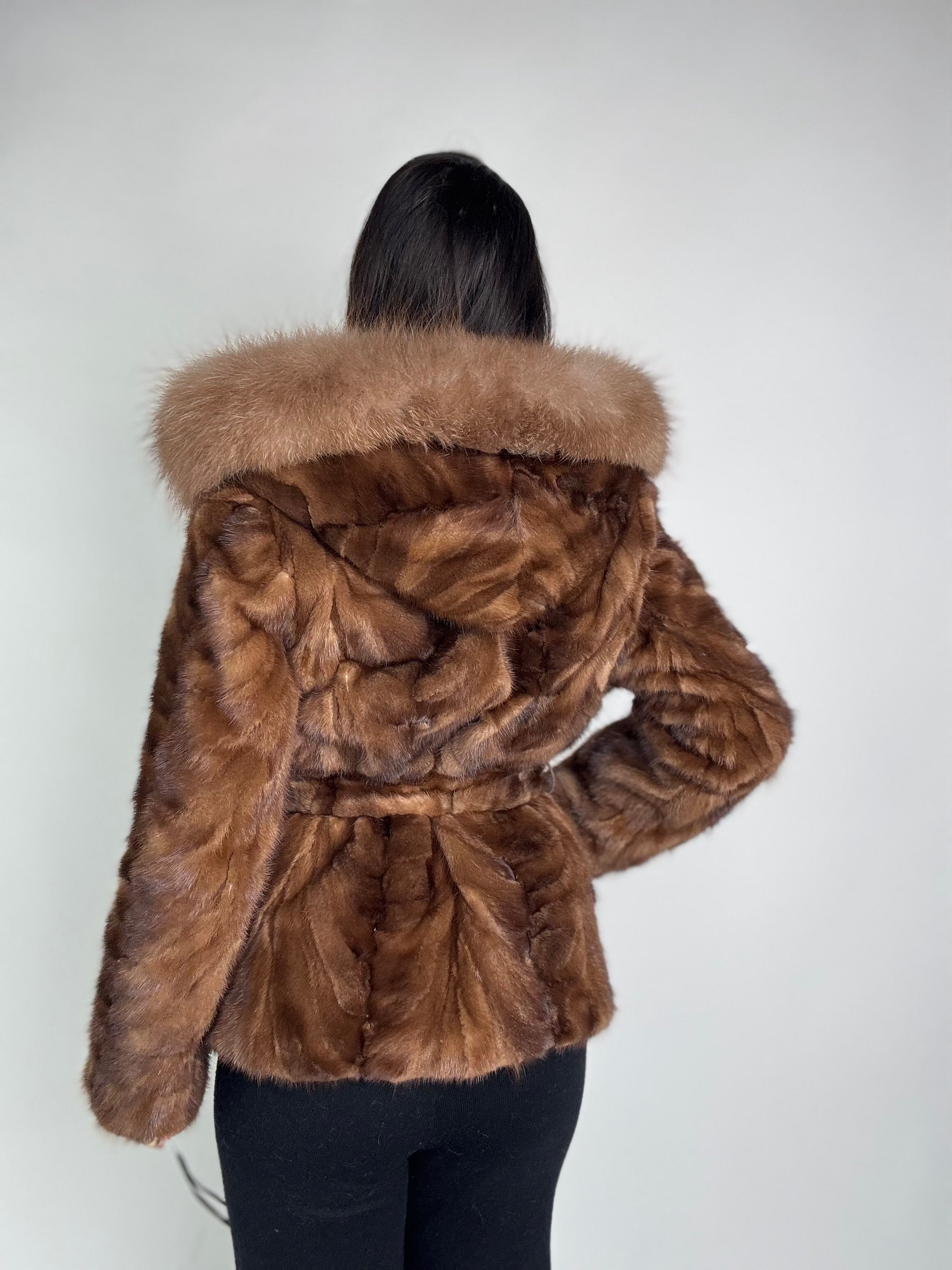 Mink jacket with belt and hood