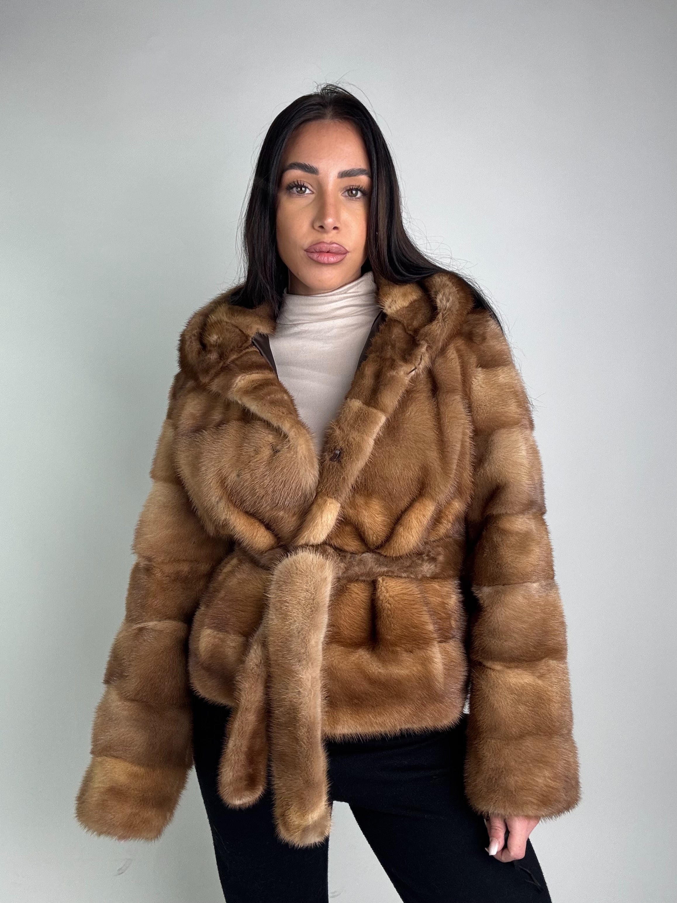 Mink jacket with belt and hood