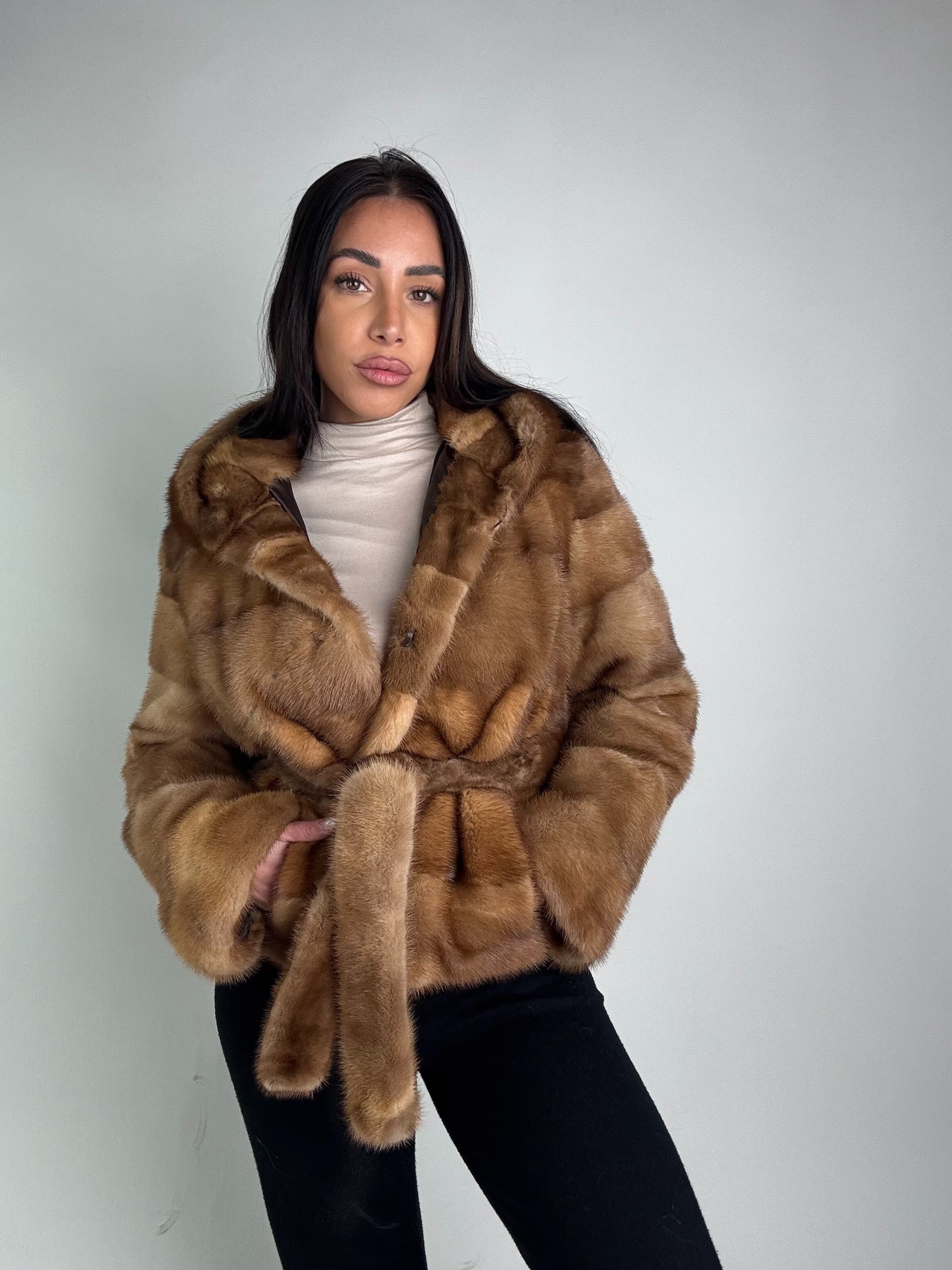 Mink jacket with belt and hood