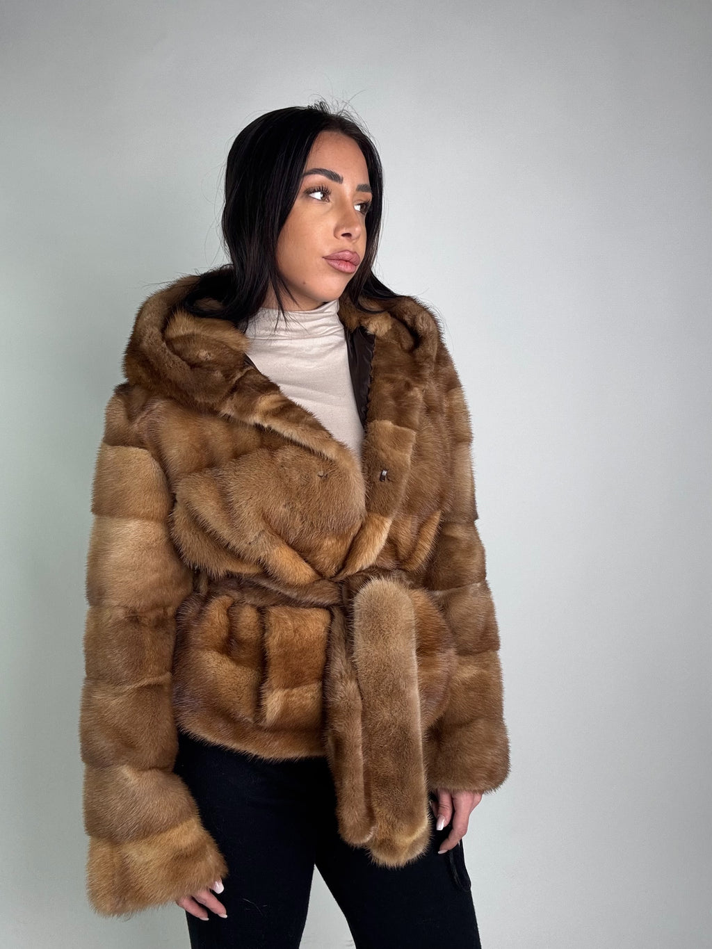 Mink jacket with belt and hood