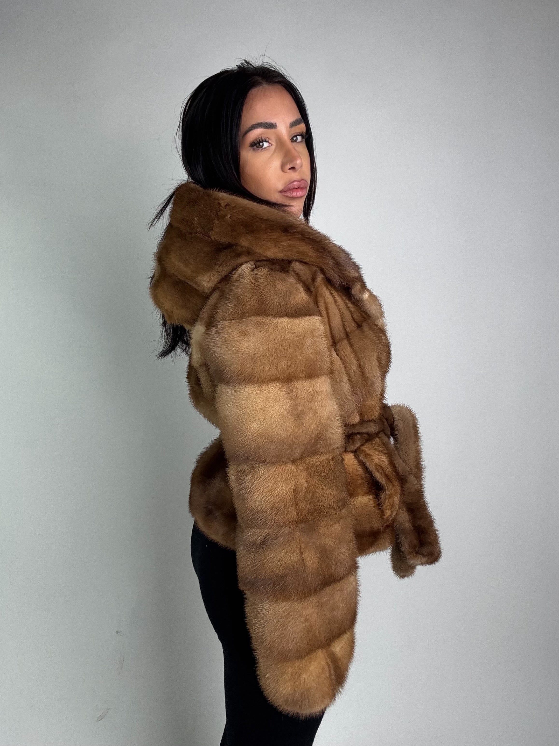 Mink jacket with belt and hood