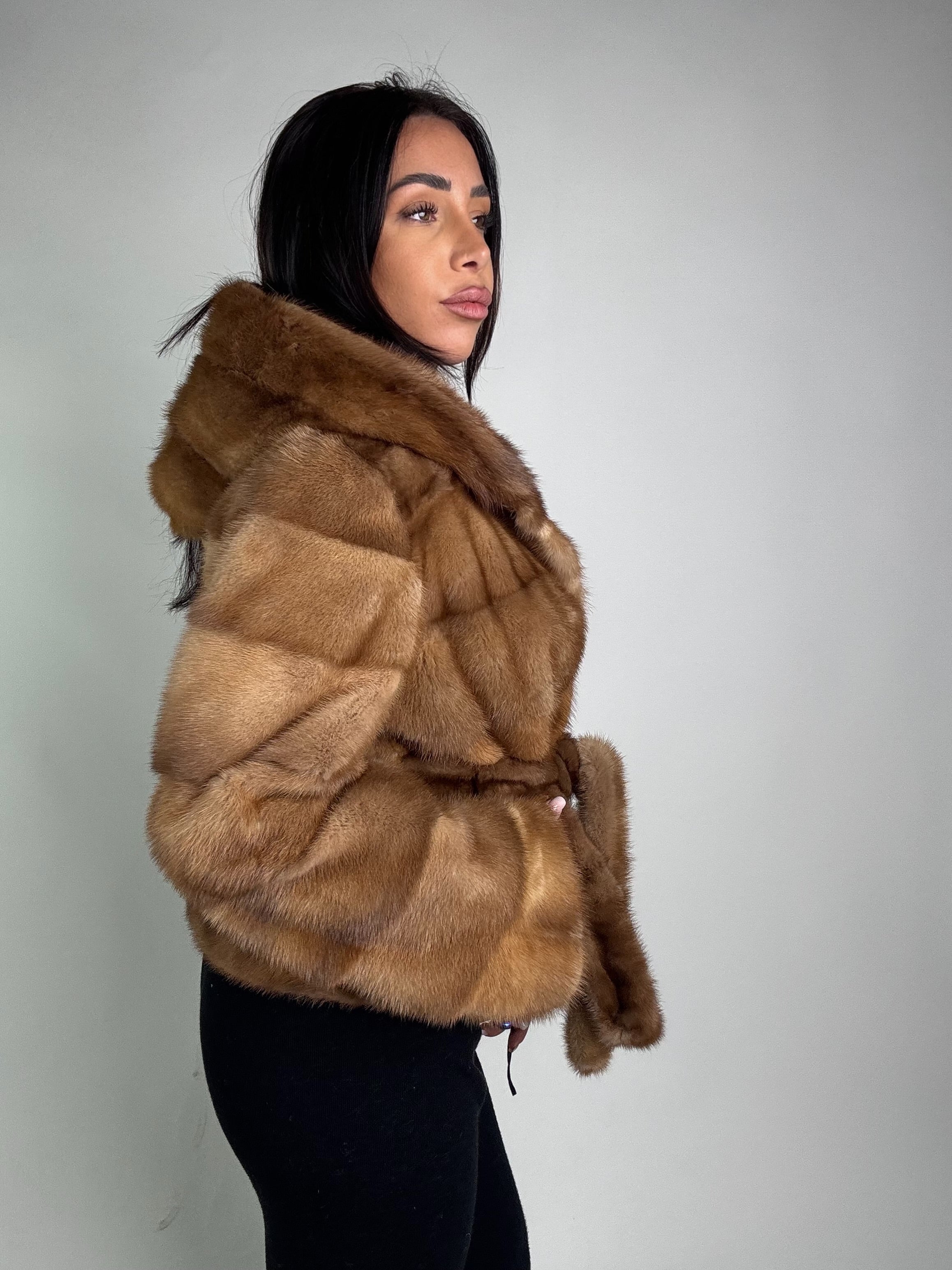Mink jacket with belt and hood