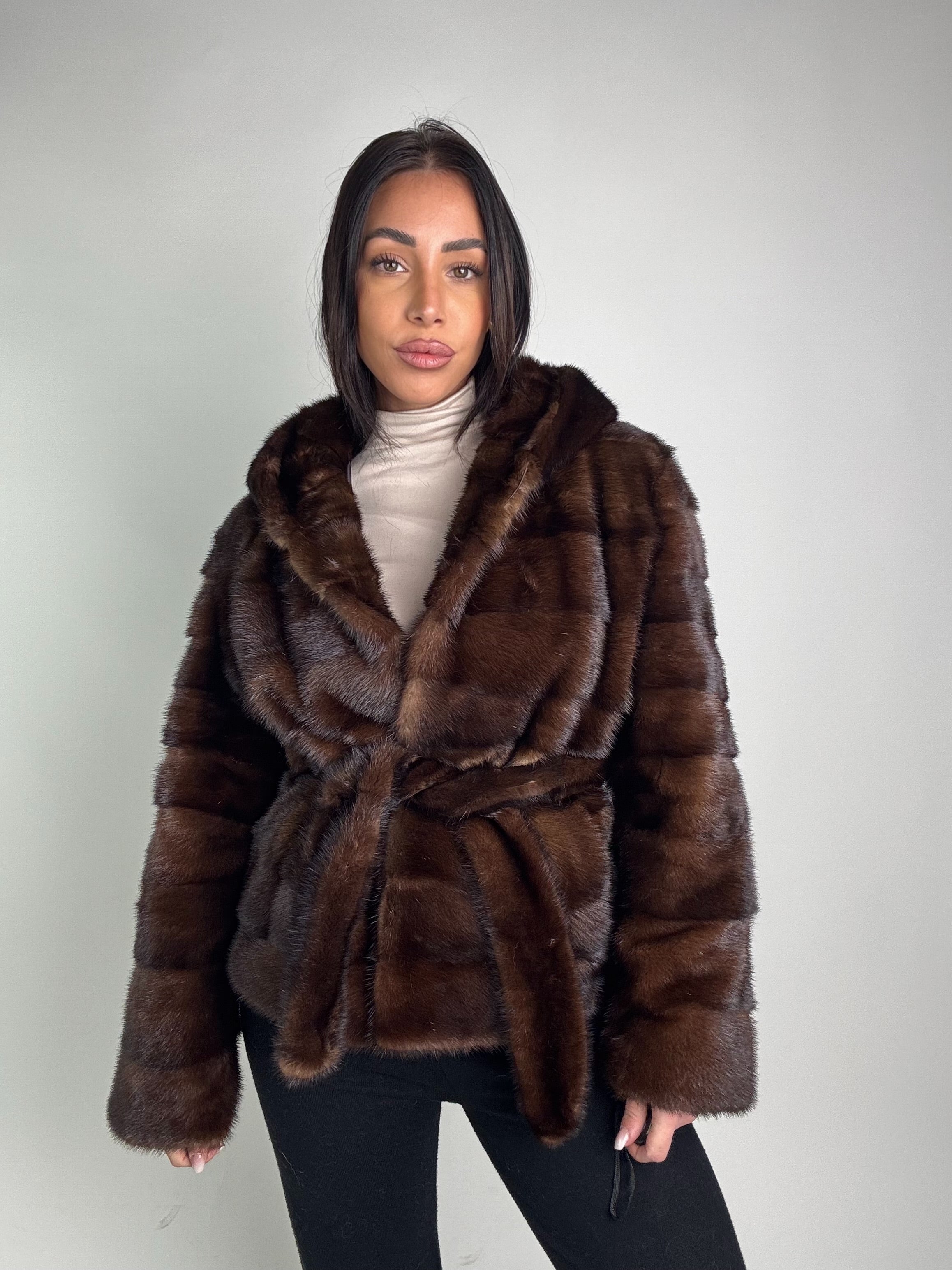 Mink jacket with belt and hood