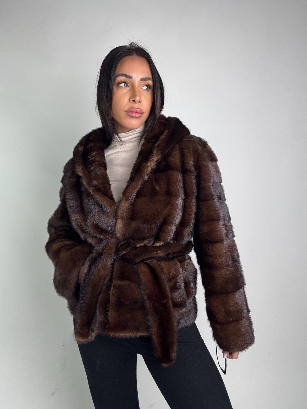 Mink jacket with belt and hood