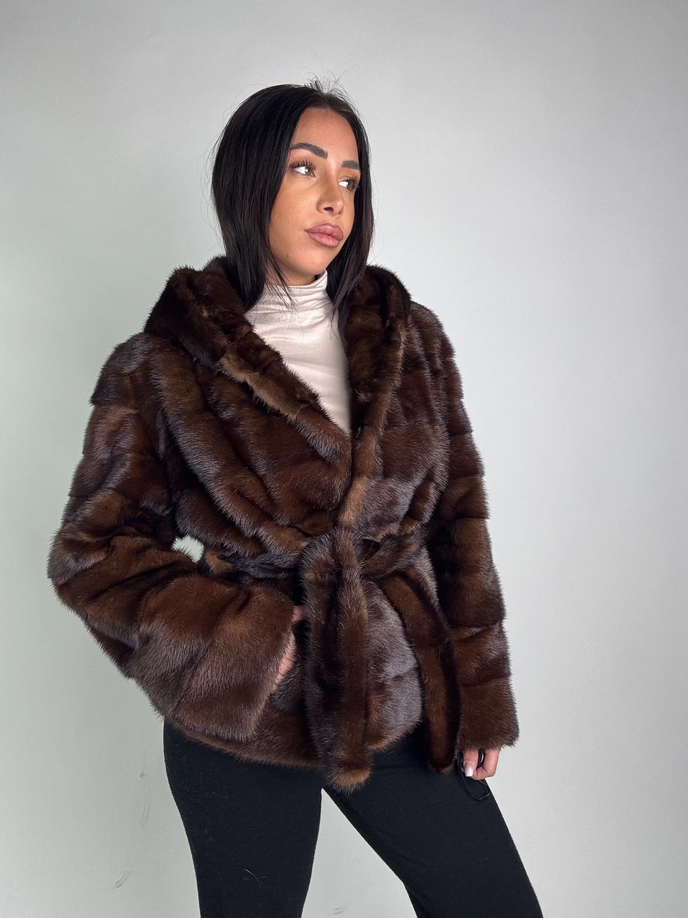 Mink jacket with belt and hood