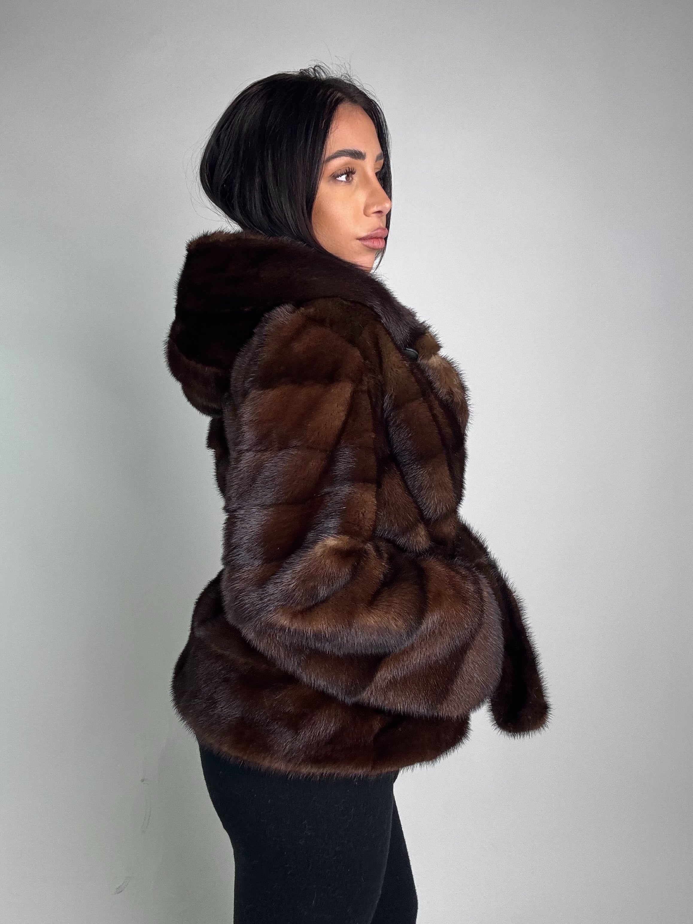 Mink jacket with belt and hood