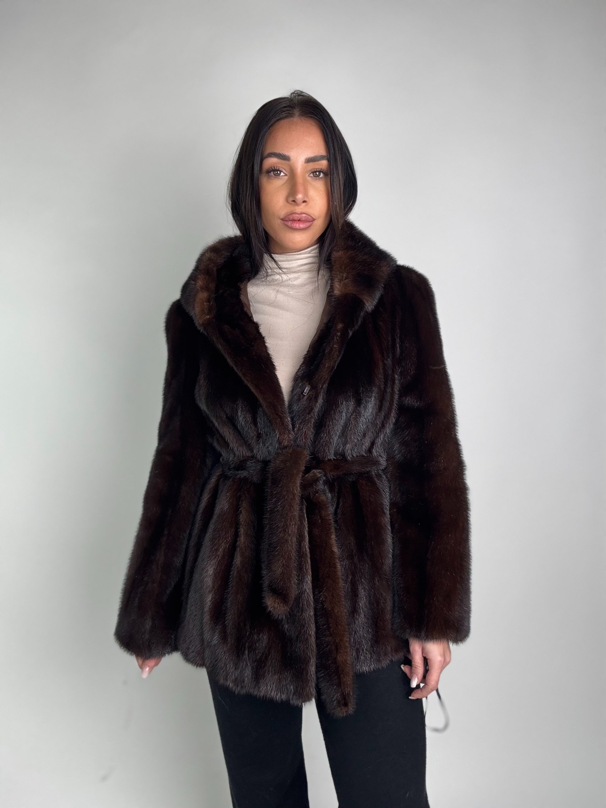 Mink jacket with belt and hood