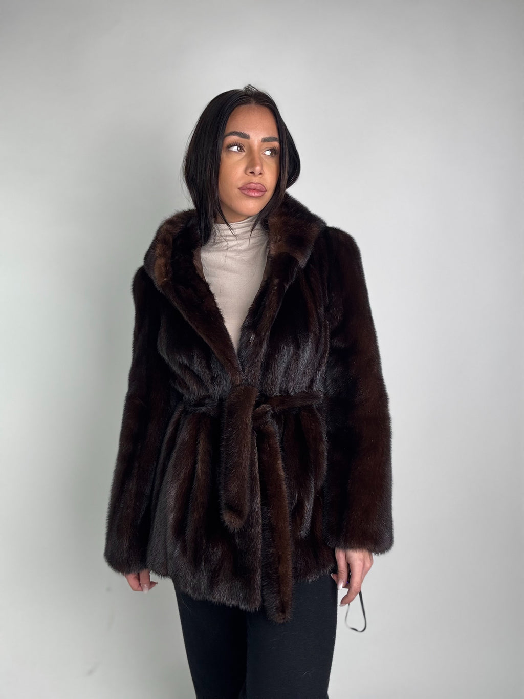 Mink jacket with belt and hood