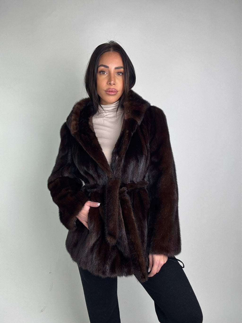 Mink jacket with belt and hood