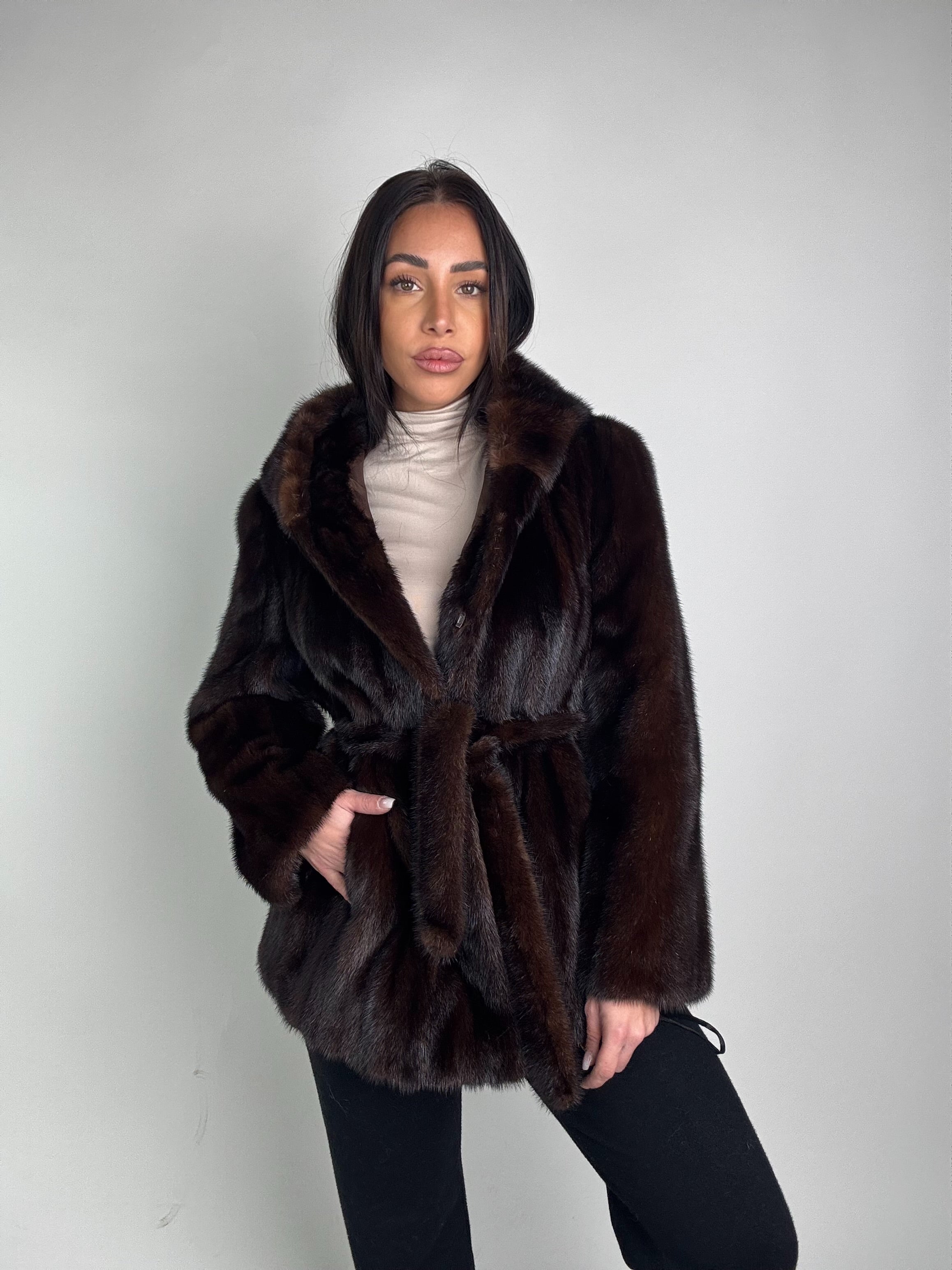 Mink jacket with belt and hood