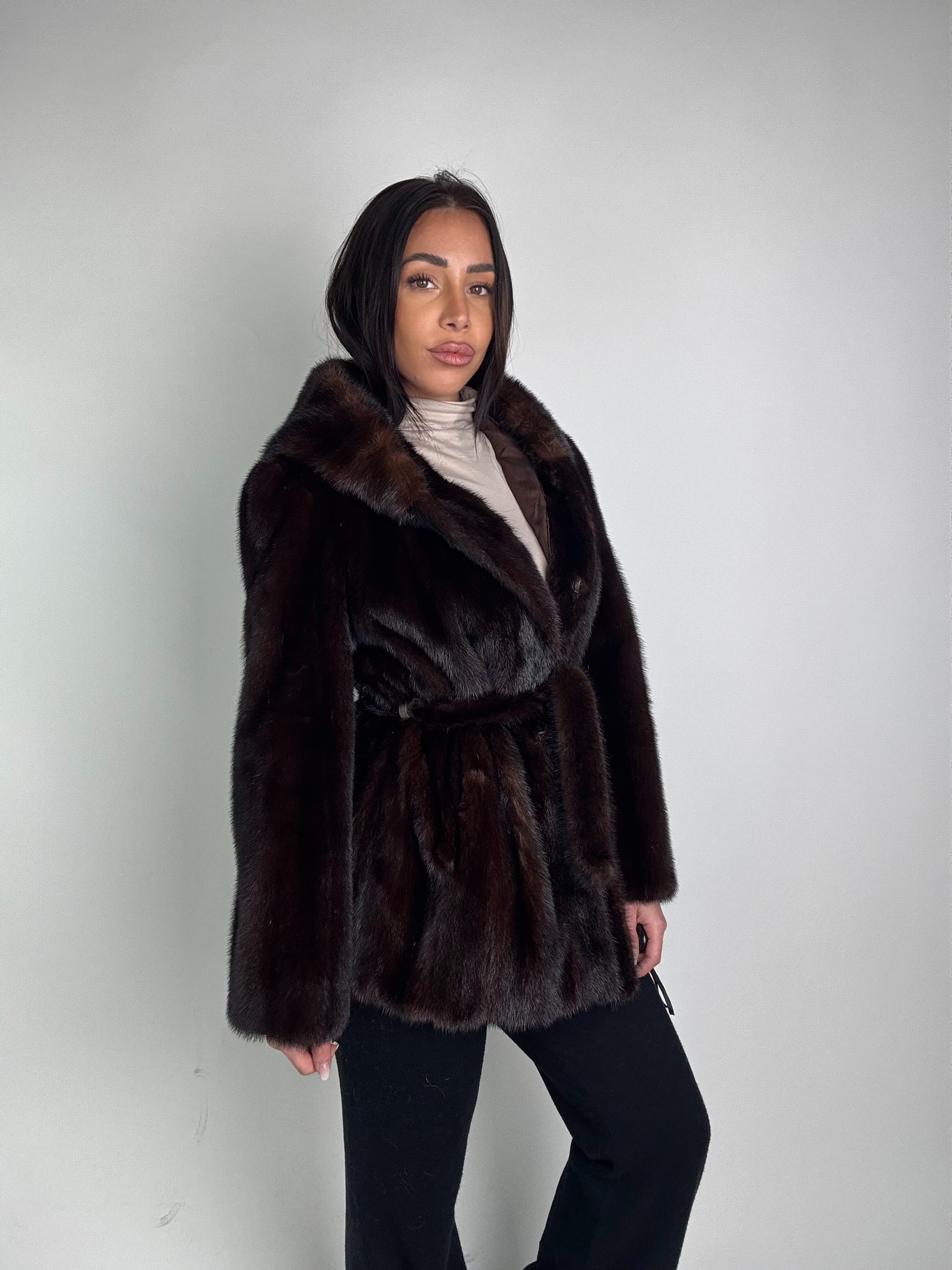 Mink jacket with belt and hood