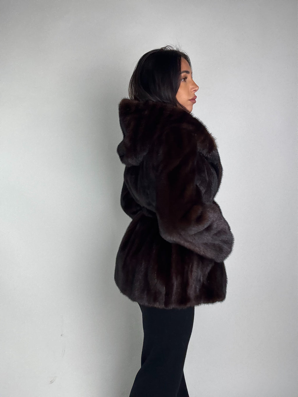 Mink jacket with belt and hood