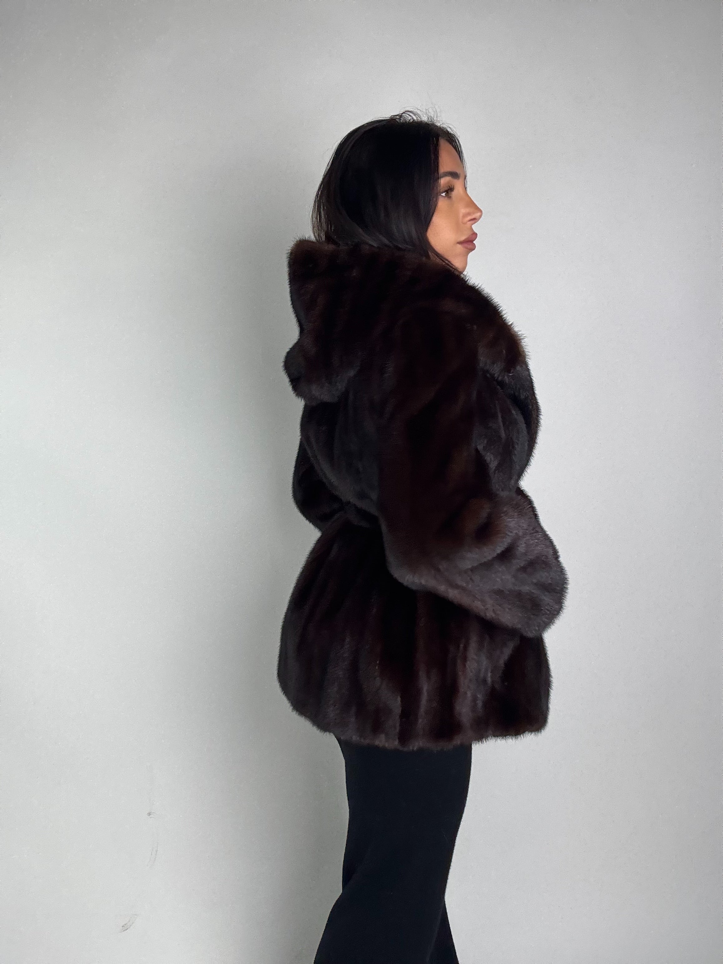 Mink jacket with belt and hood