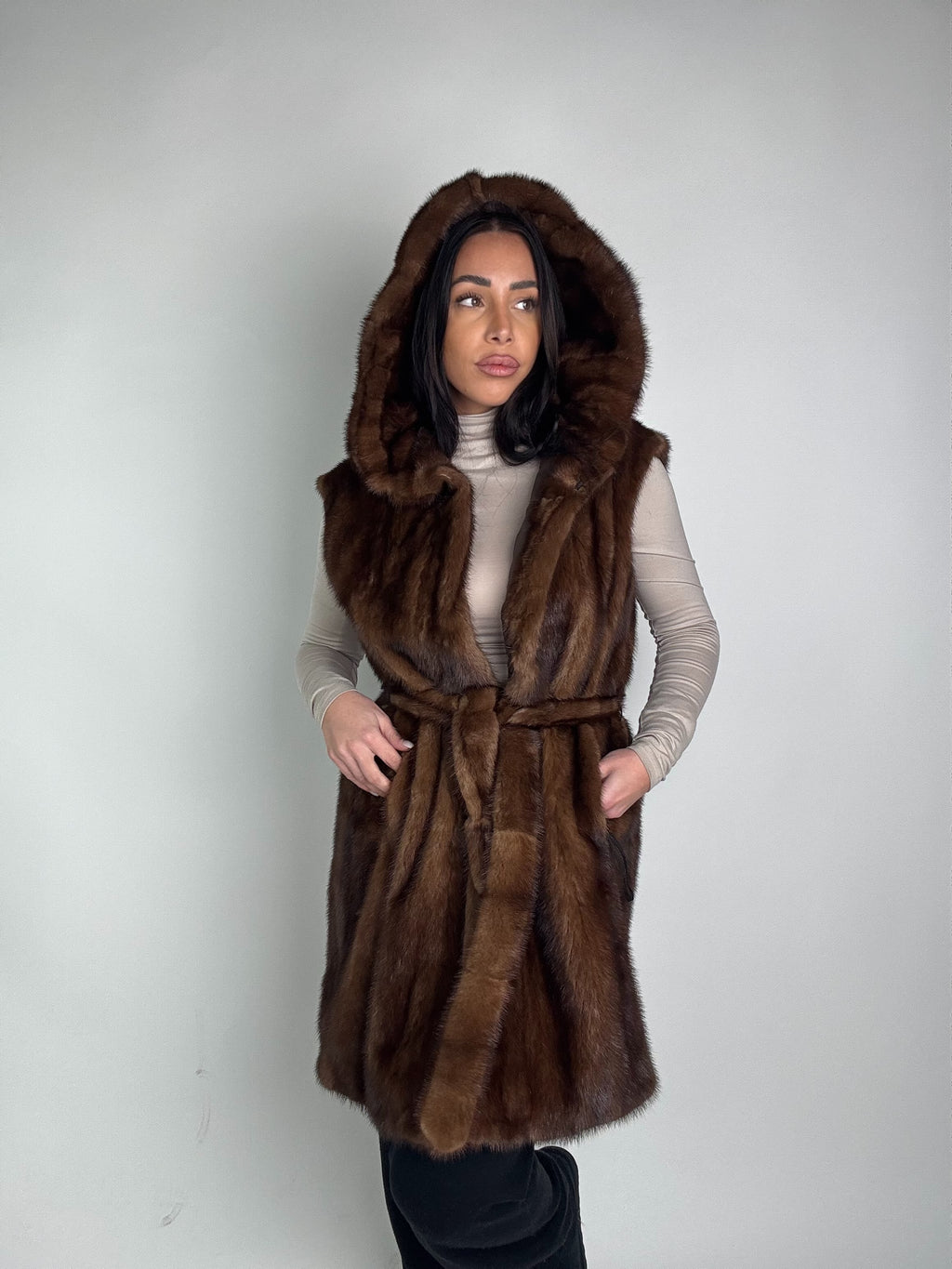 Mink jacket with belt and hood