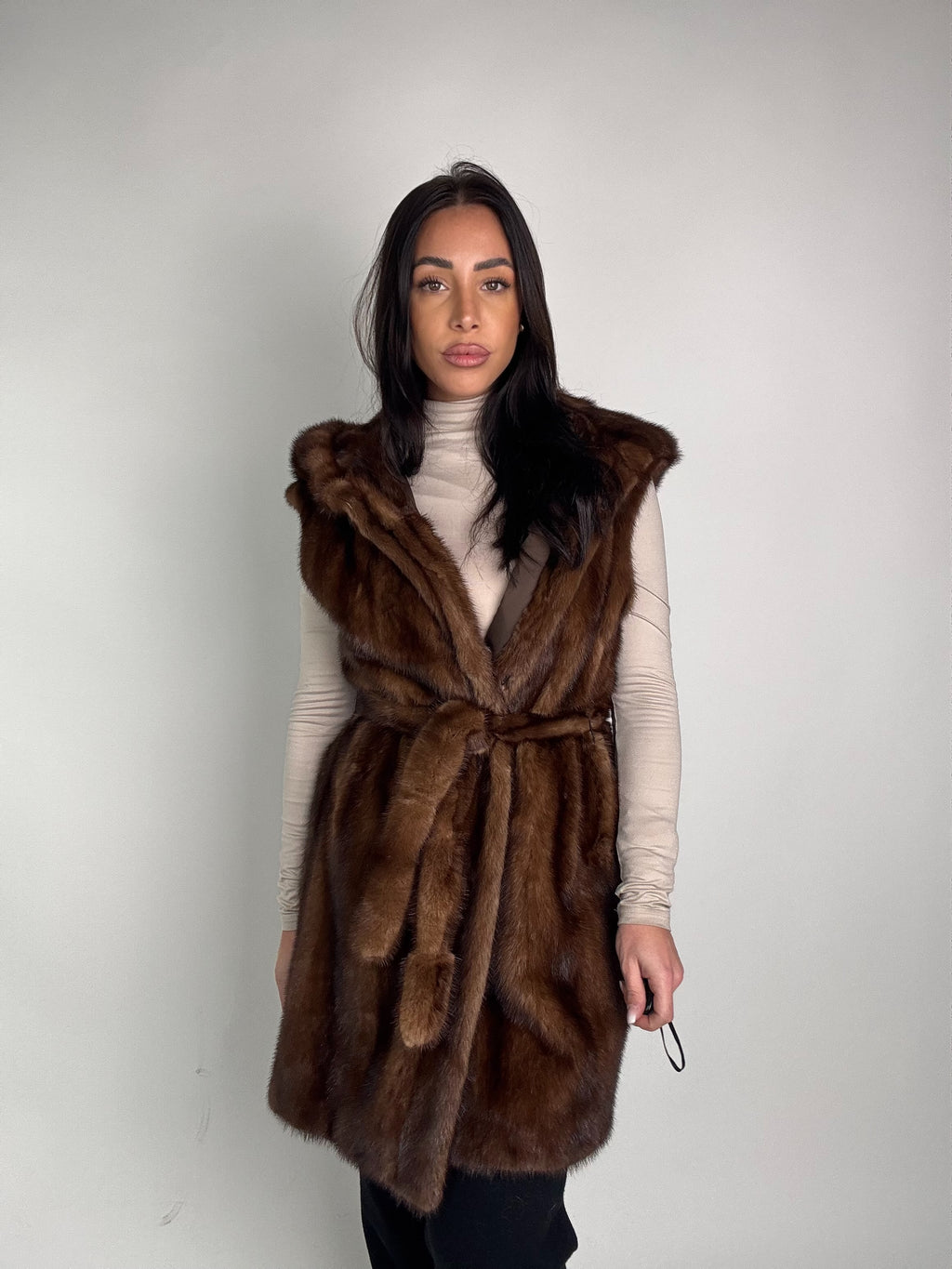 Mink jacket with belt and hood