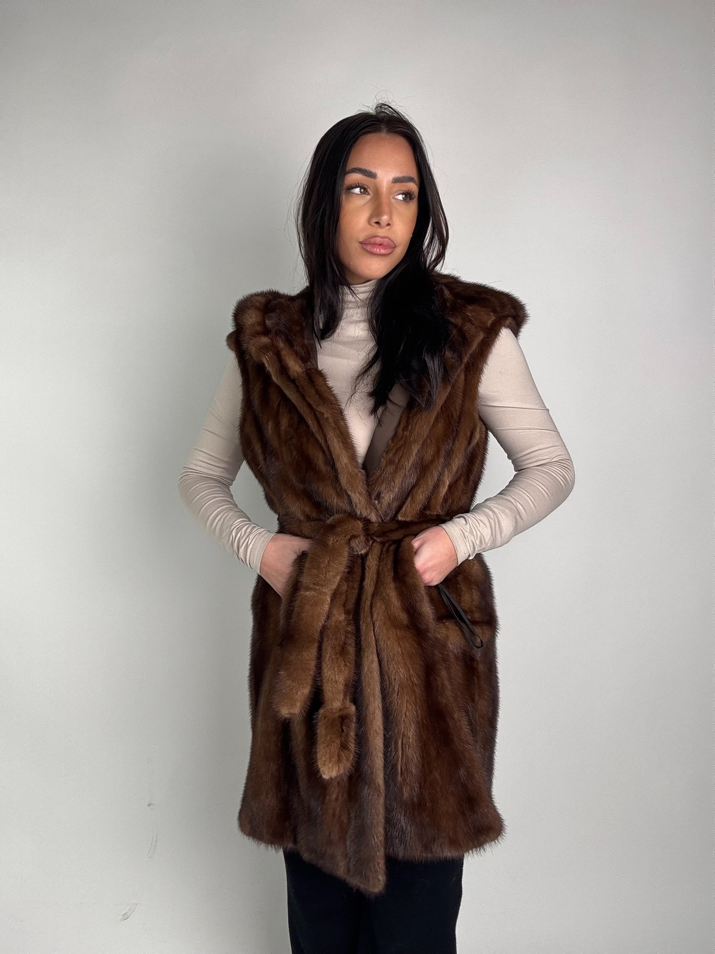 Mink jacket with belt and hood