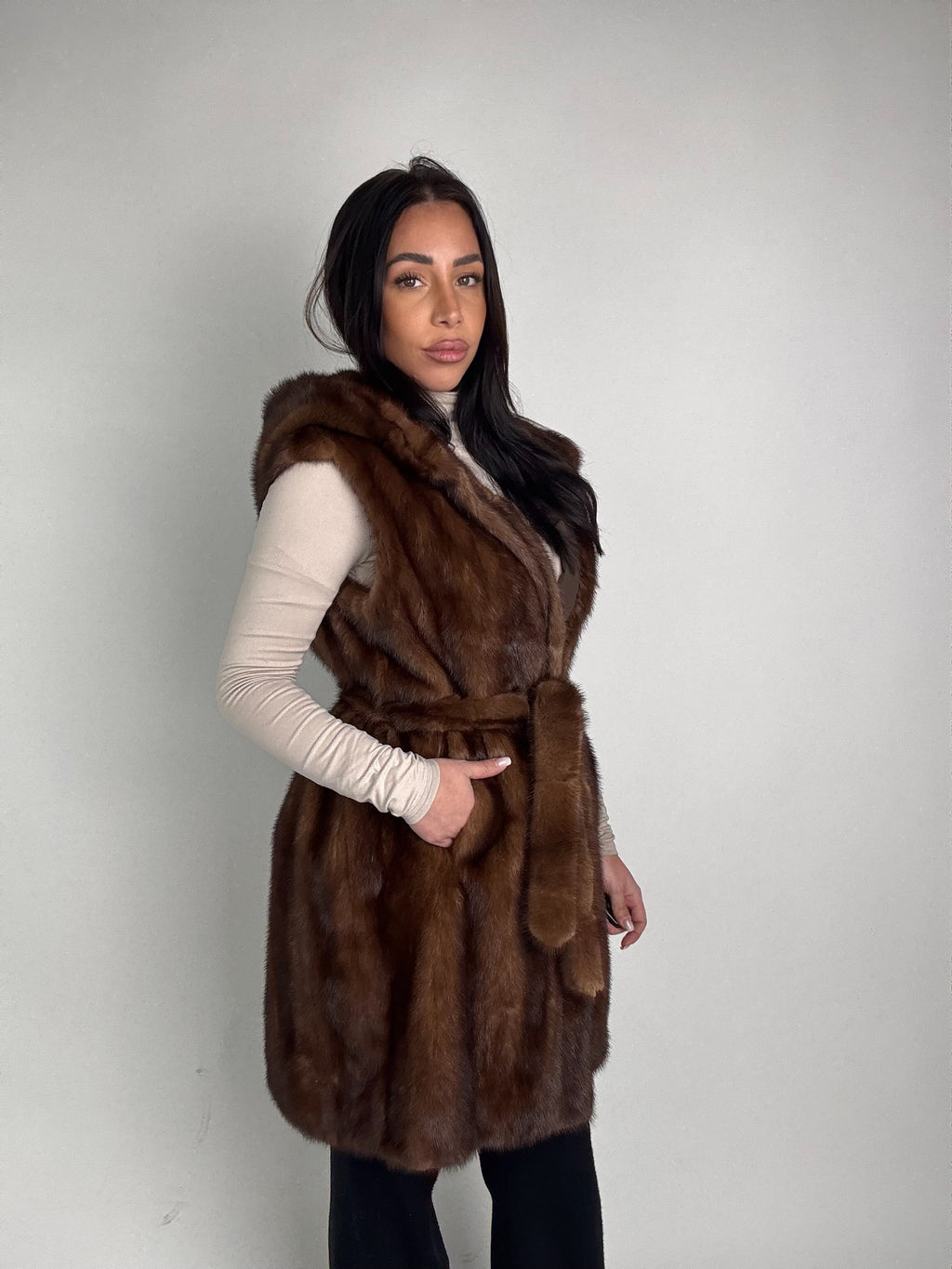 Mink jacket with belt and hood