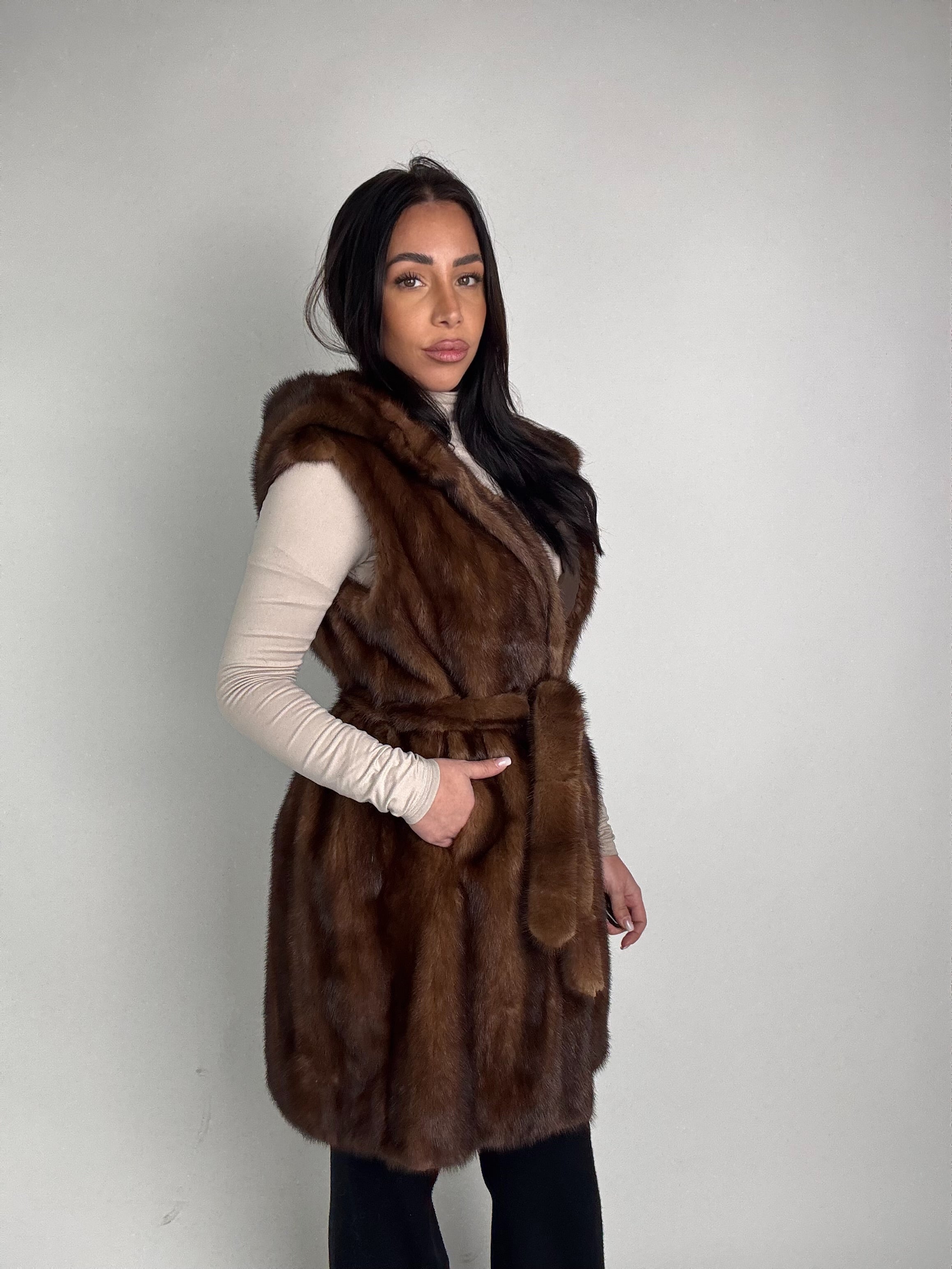 Mink jacket with belt and hood