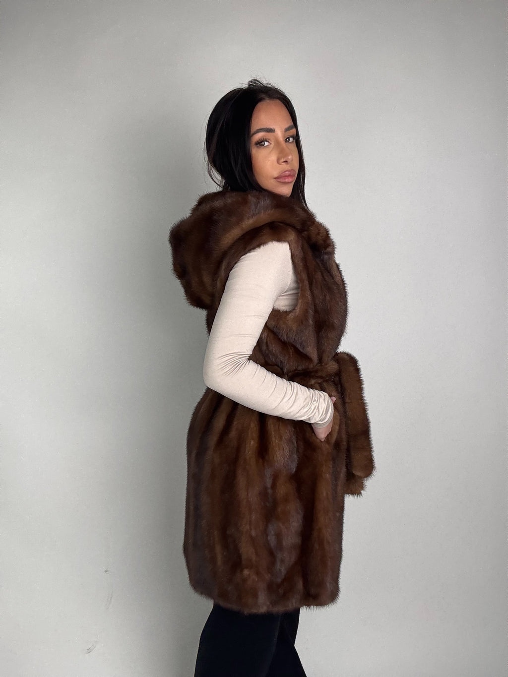 Mink jacket with belt and hood