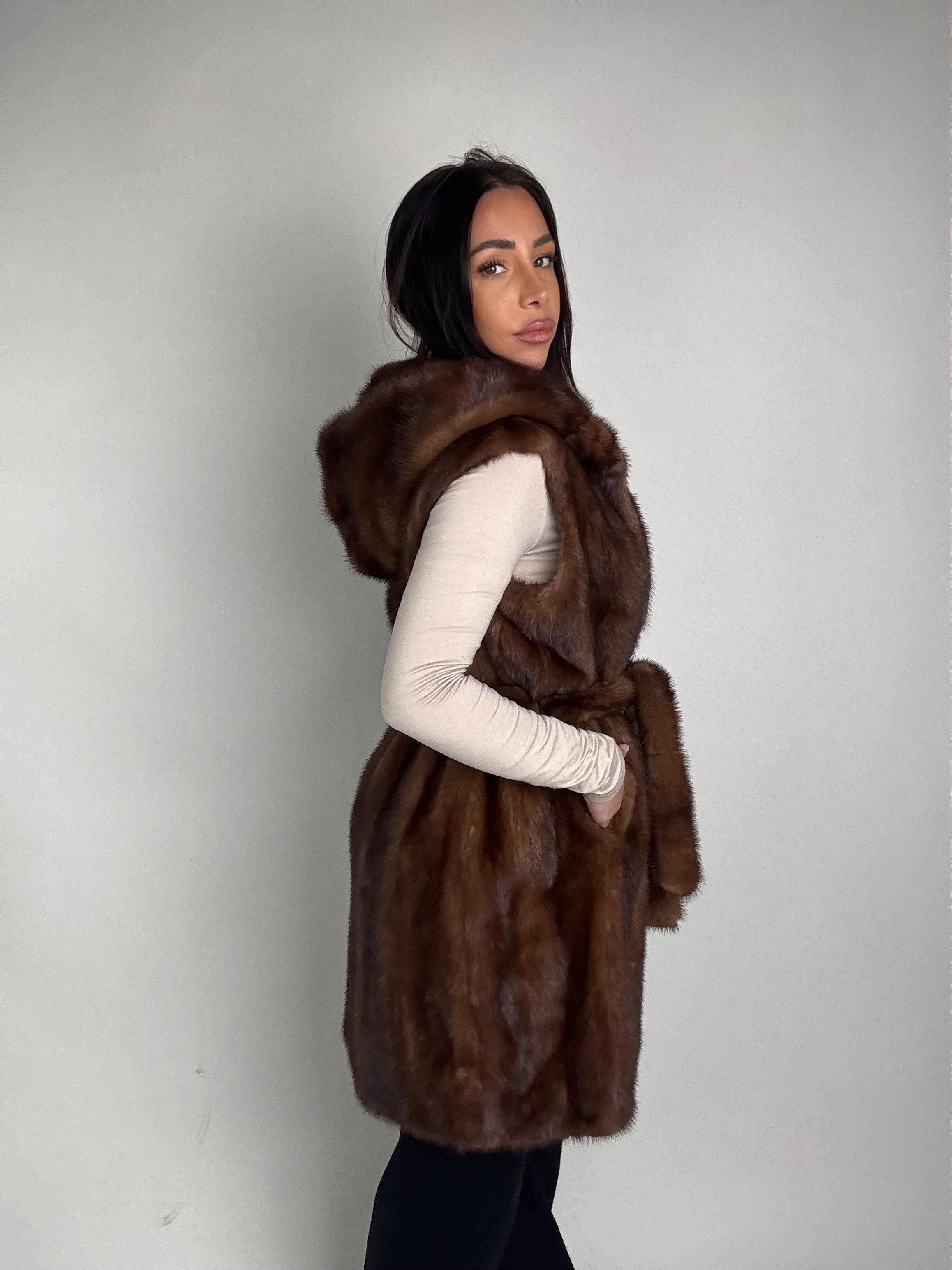 Mink jacket with belt and hood
