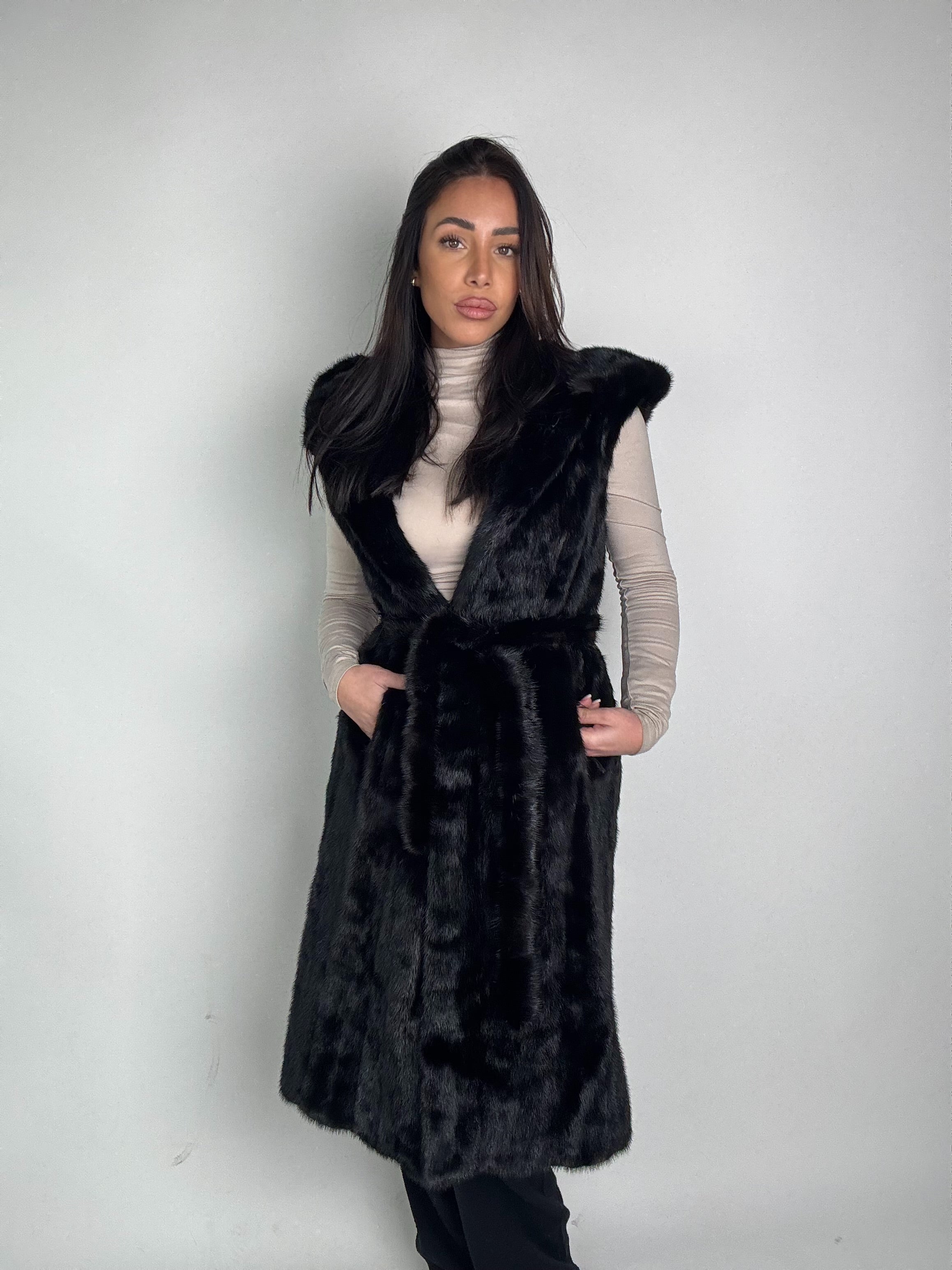Mink jacket with belt and hood