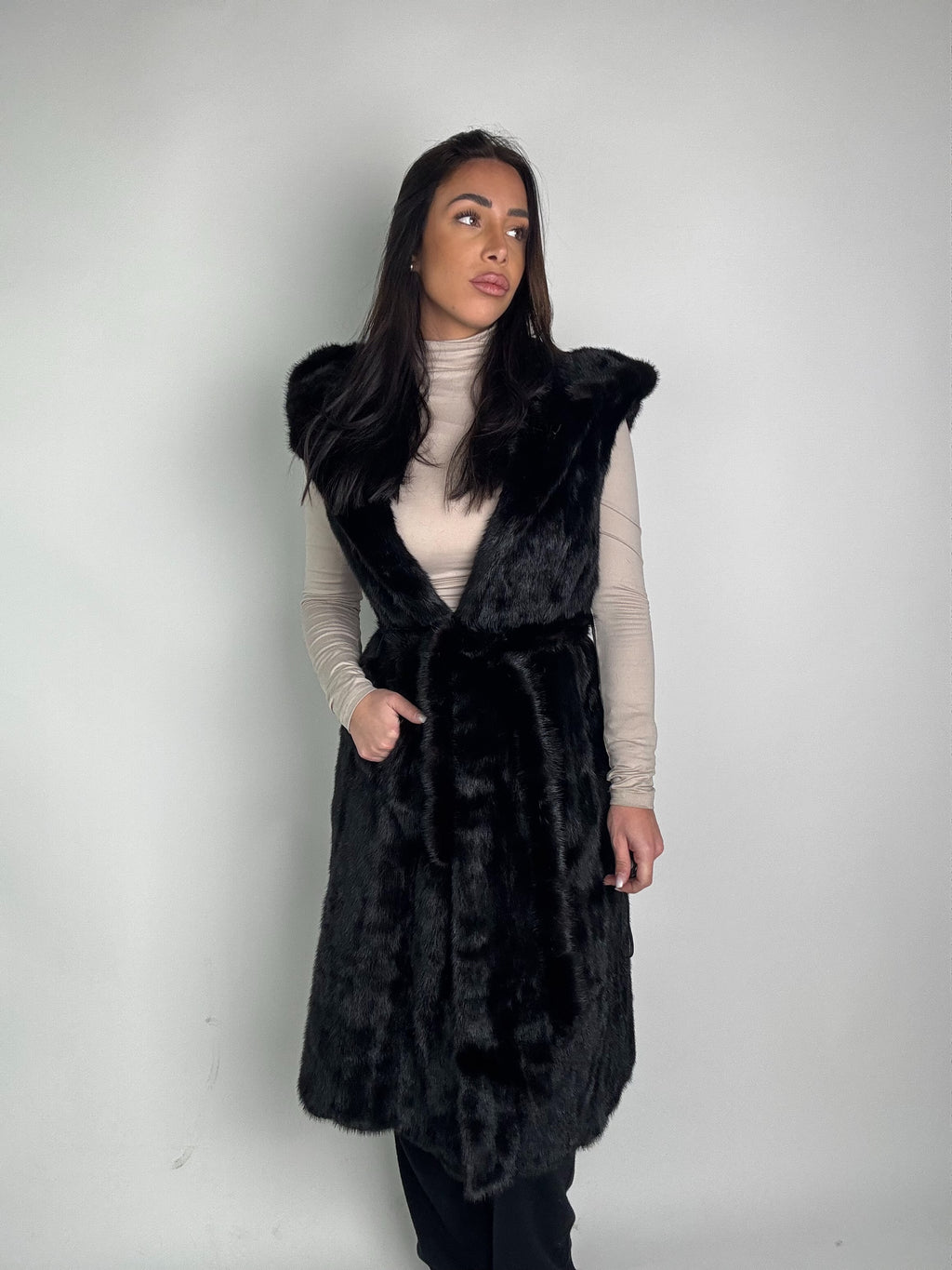 Mink jacket with belt and hood