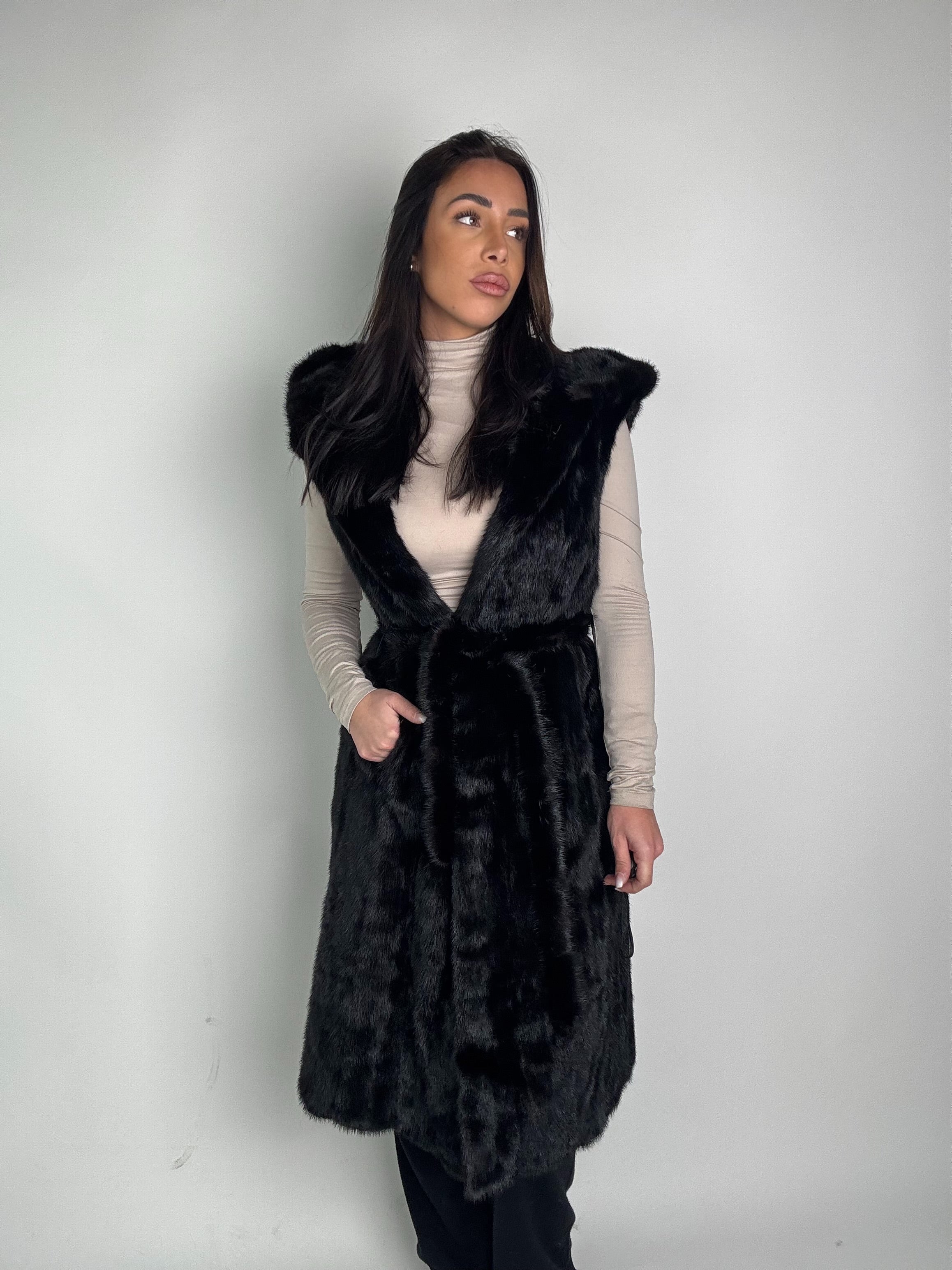 Mink jacket with belt and hood