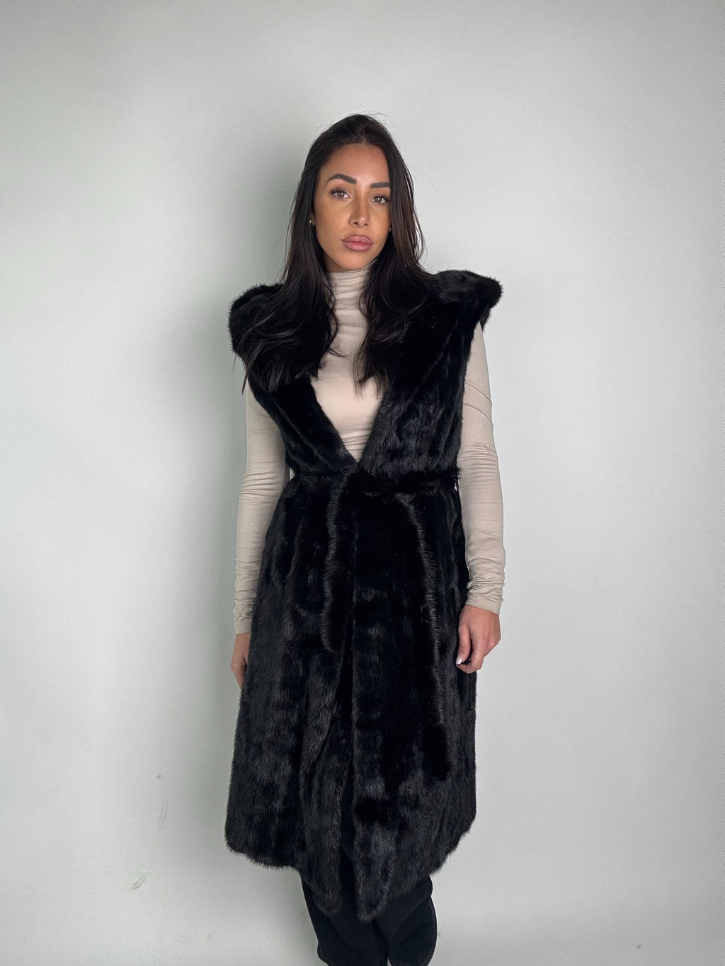 Mink jacket with belt and hood