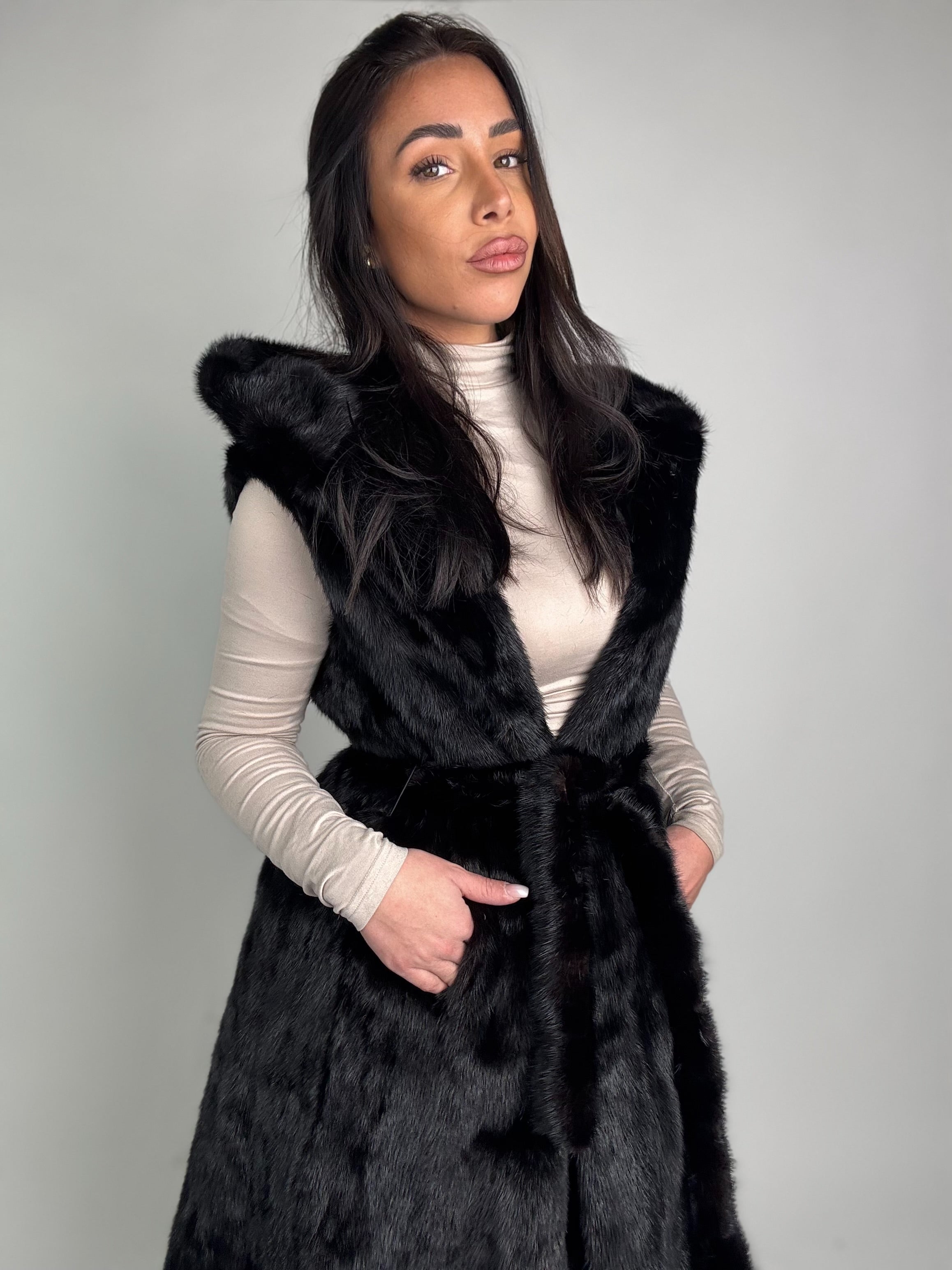 Mink jacket with belt and hood