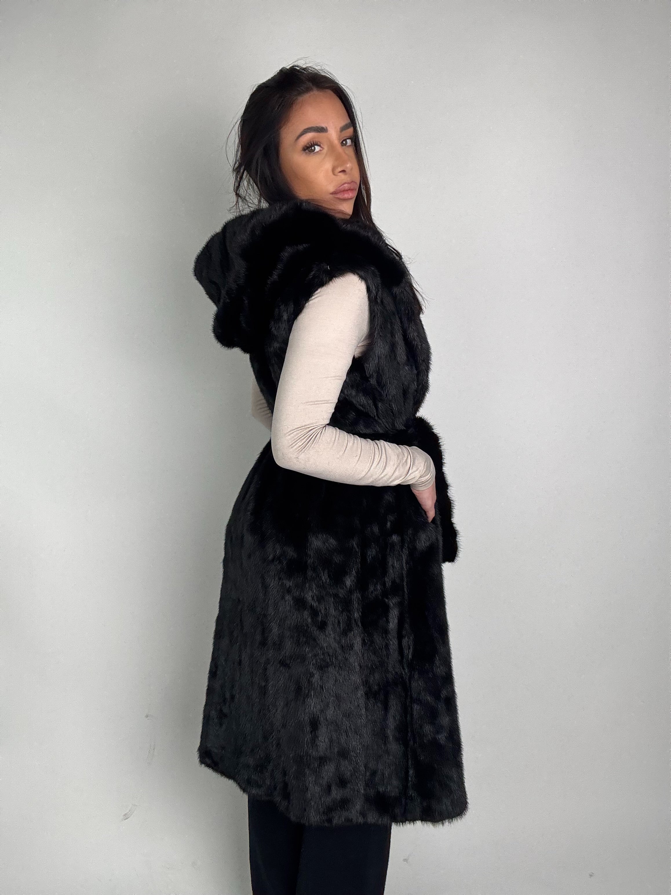 Mink jacket with belt and hood