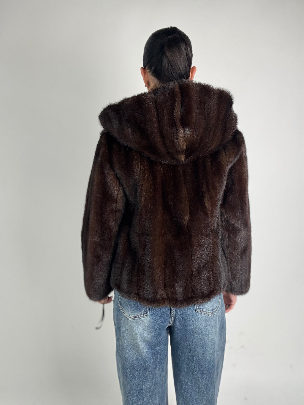 Mink jacket with belt and hood