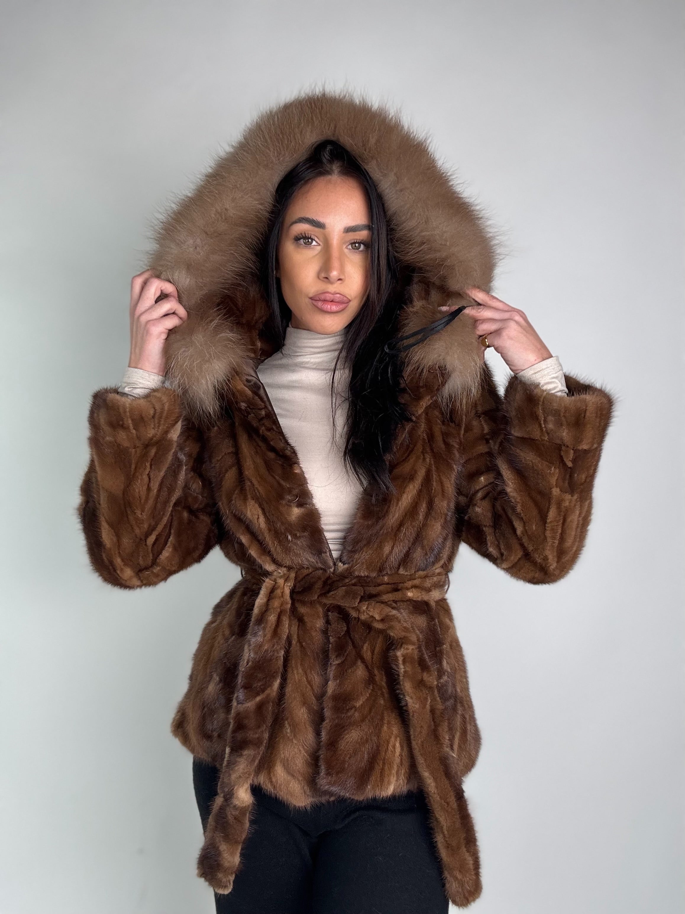 Mink jacket with belt and hood