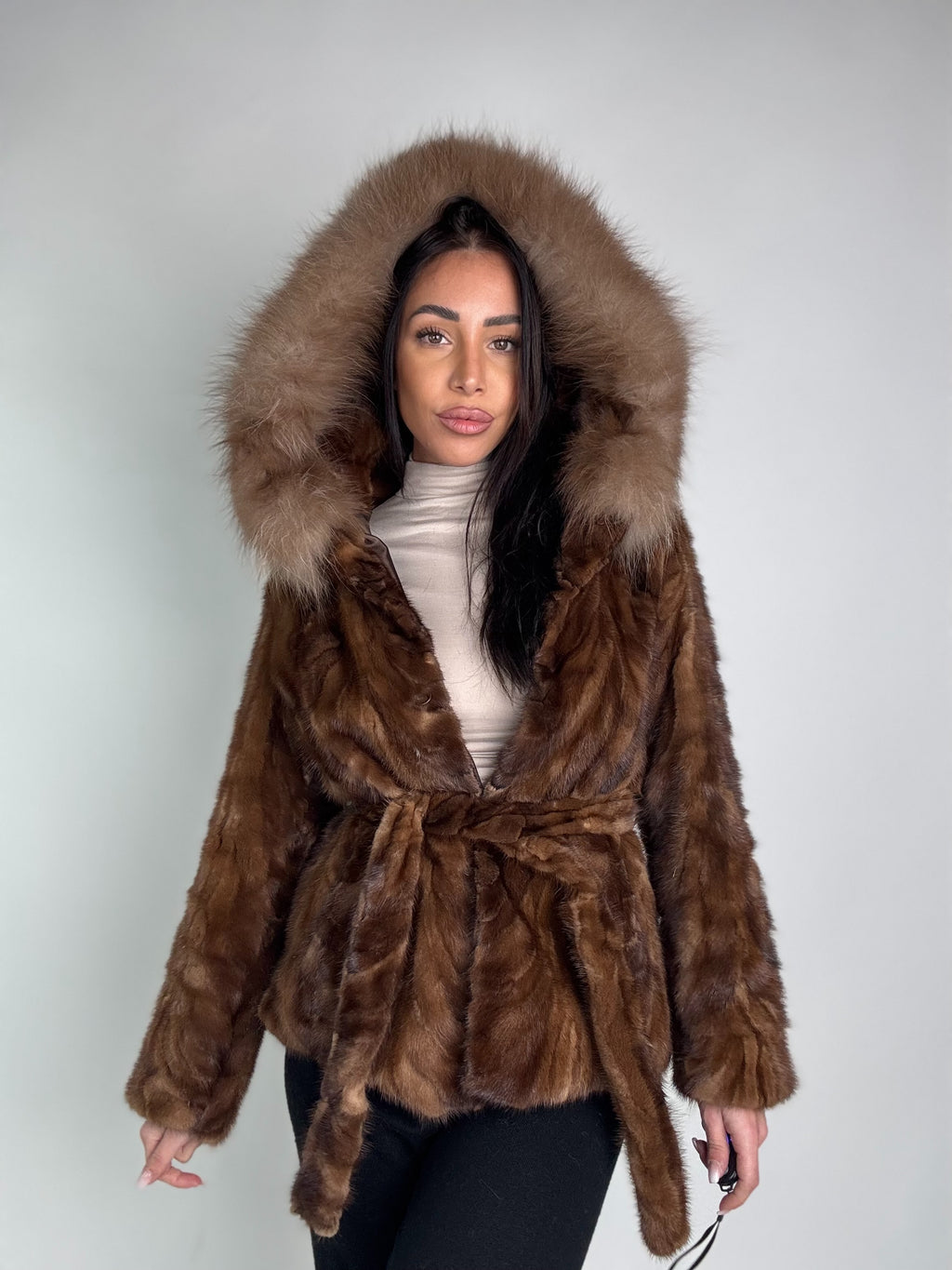 Mink jacket with belt and hood