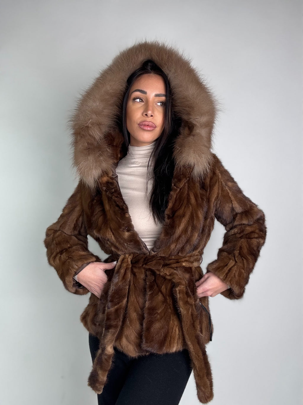 Mink jacket with belt and hood