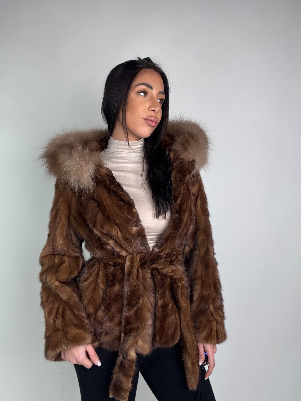 Mink jacket with belt and hood