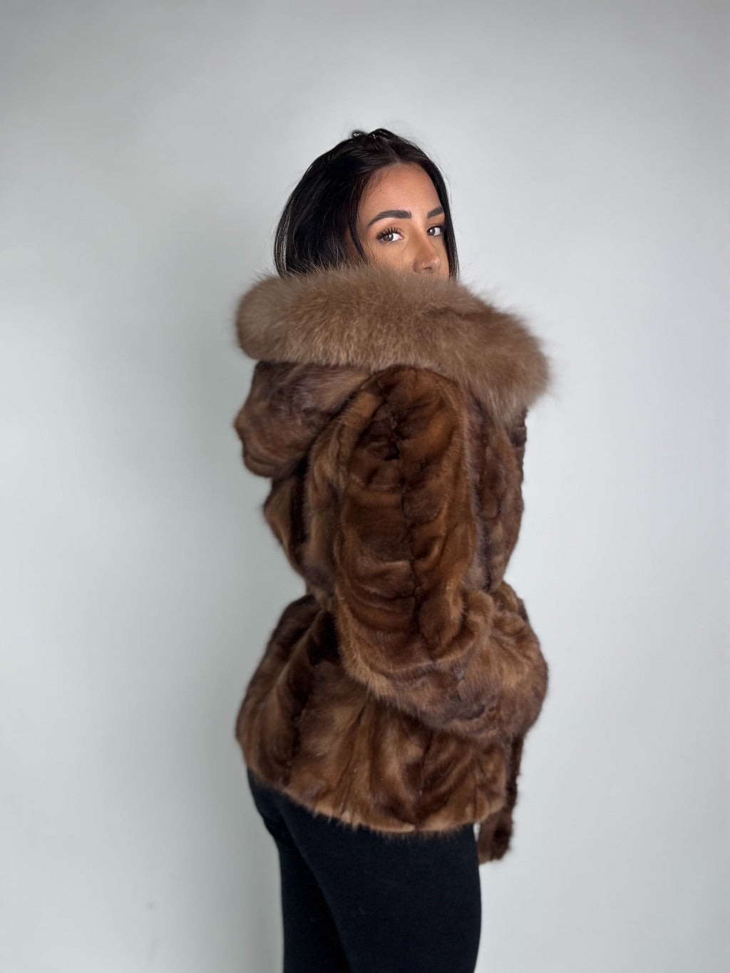 Mink jacket with belt and hood