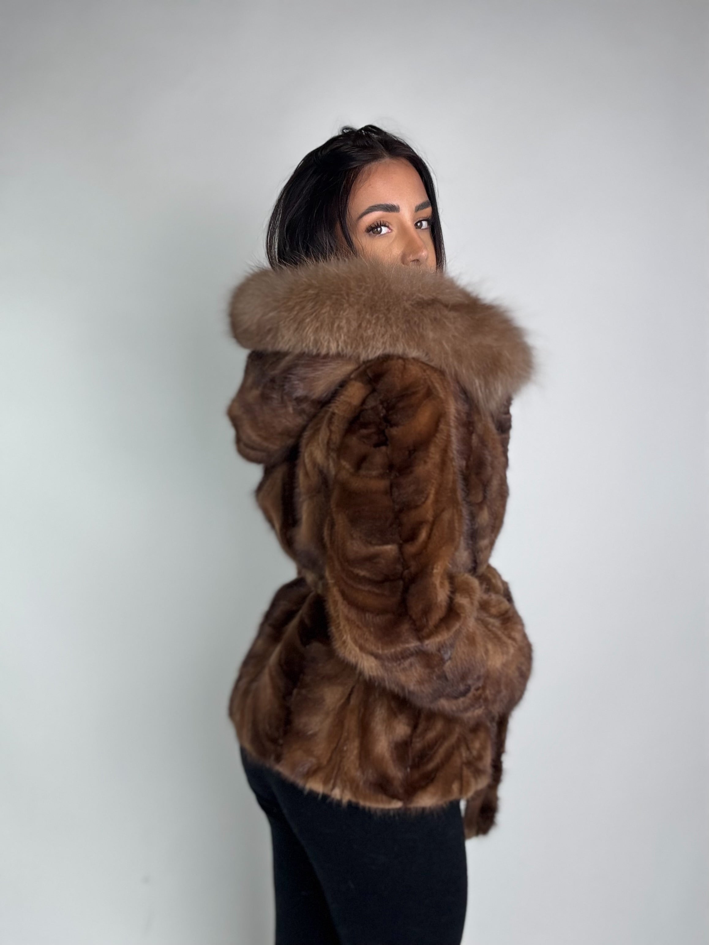 Mink jacket with belt and hood
