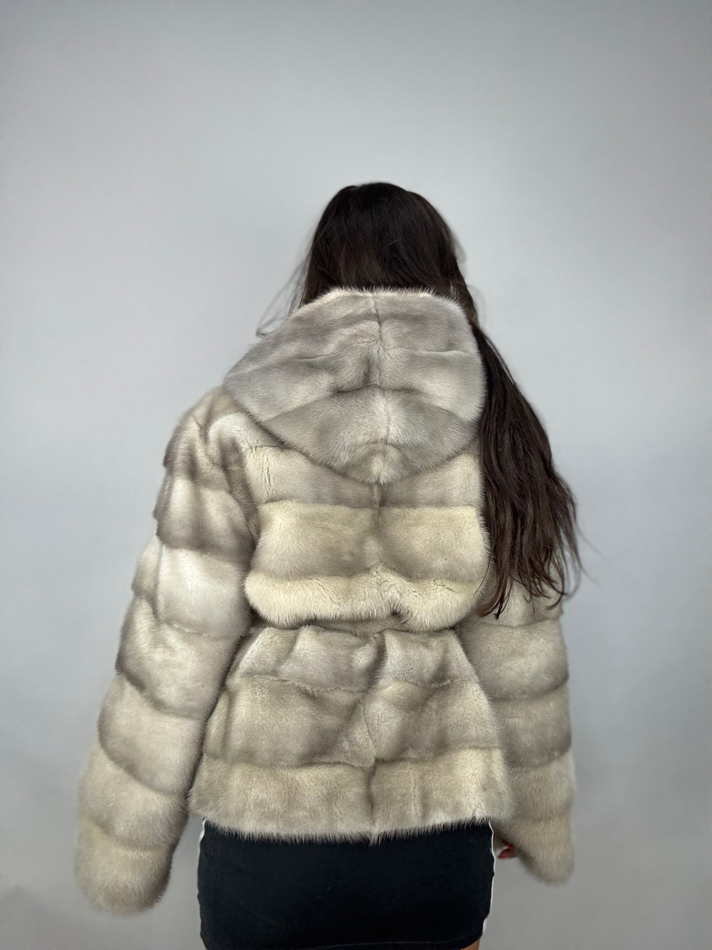 Mink jacket with belt and hood