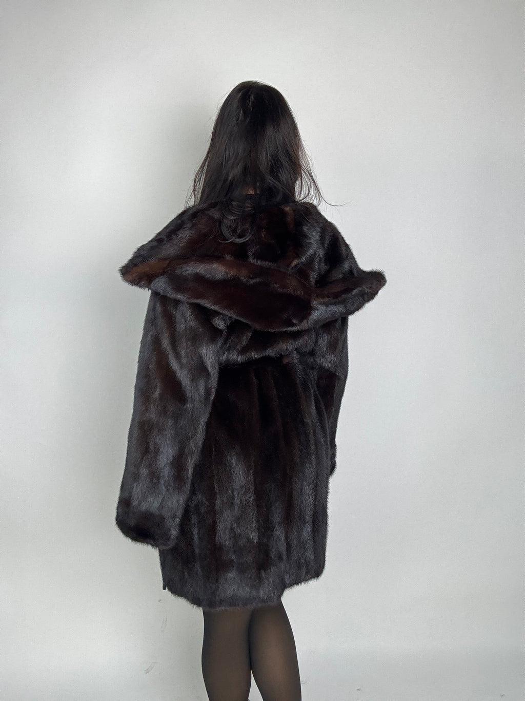 Mink jacket with belt and hood