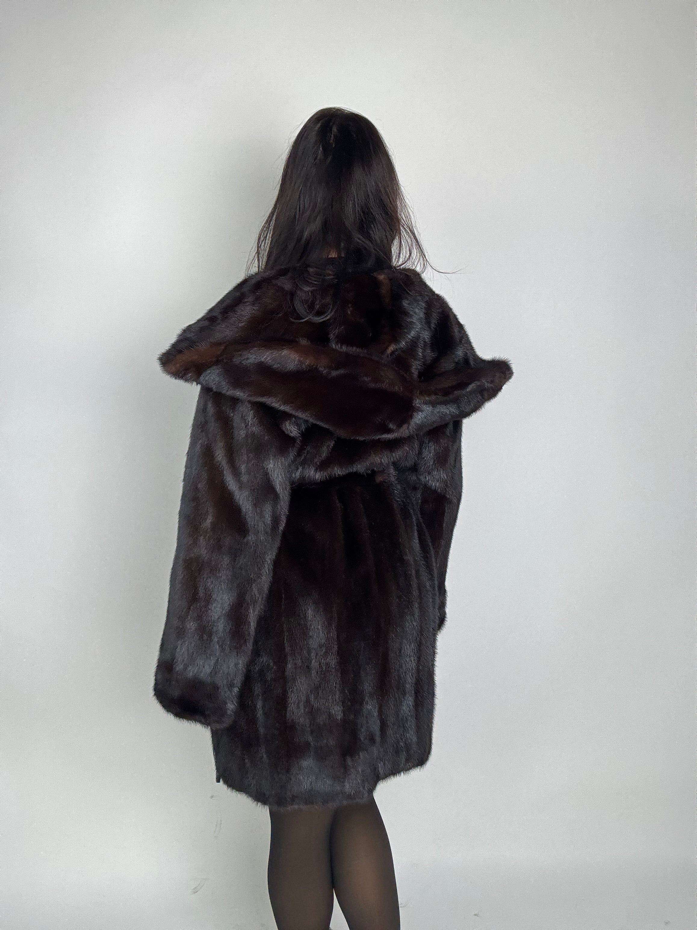 Mink jacket with belt and hood