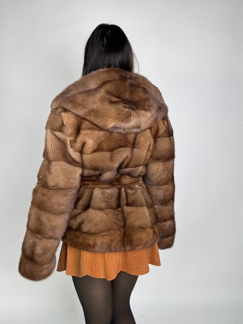Mink jacket with belt and hood