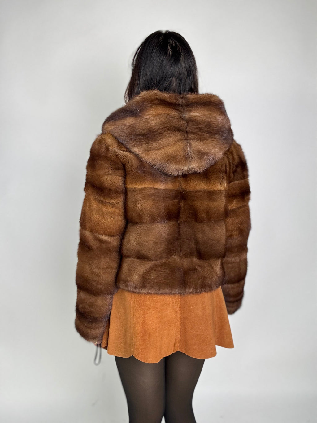 Mink jacket with belt and hood
